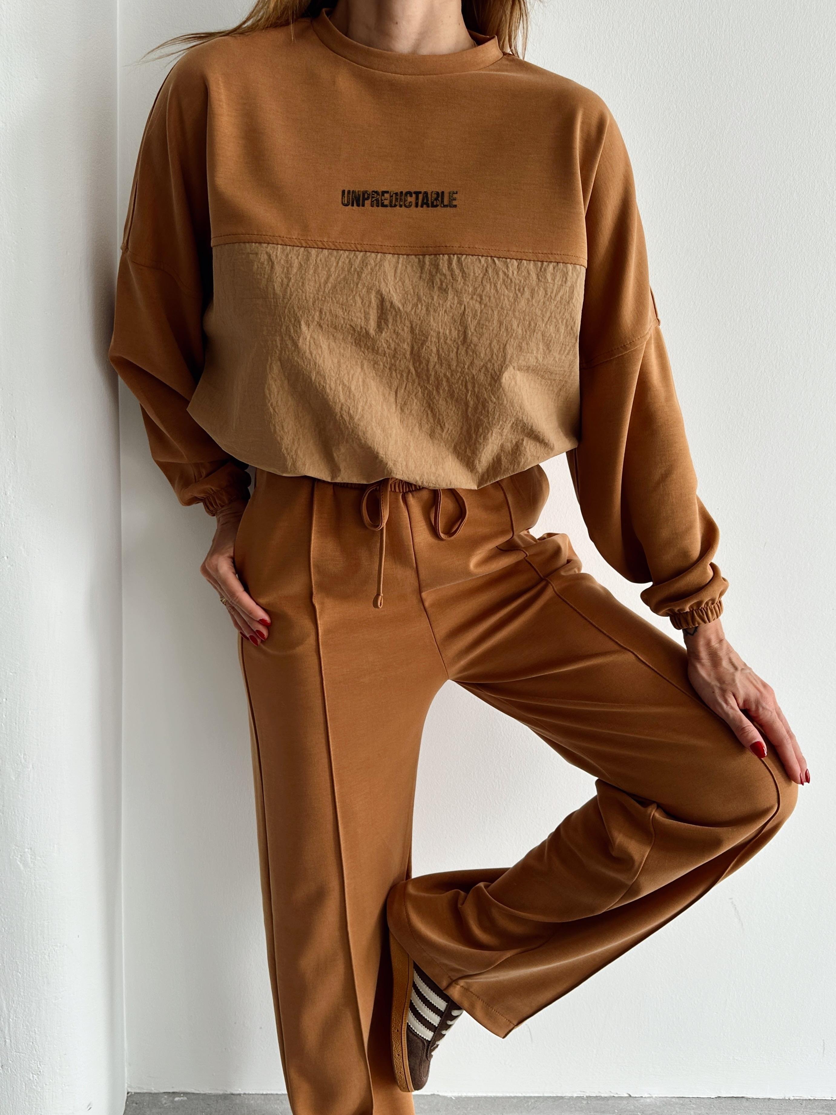 Kadın Paraşüt Detay Sweat Pantolon Sütlü Kahve Modal Takım