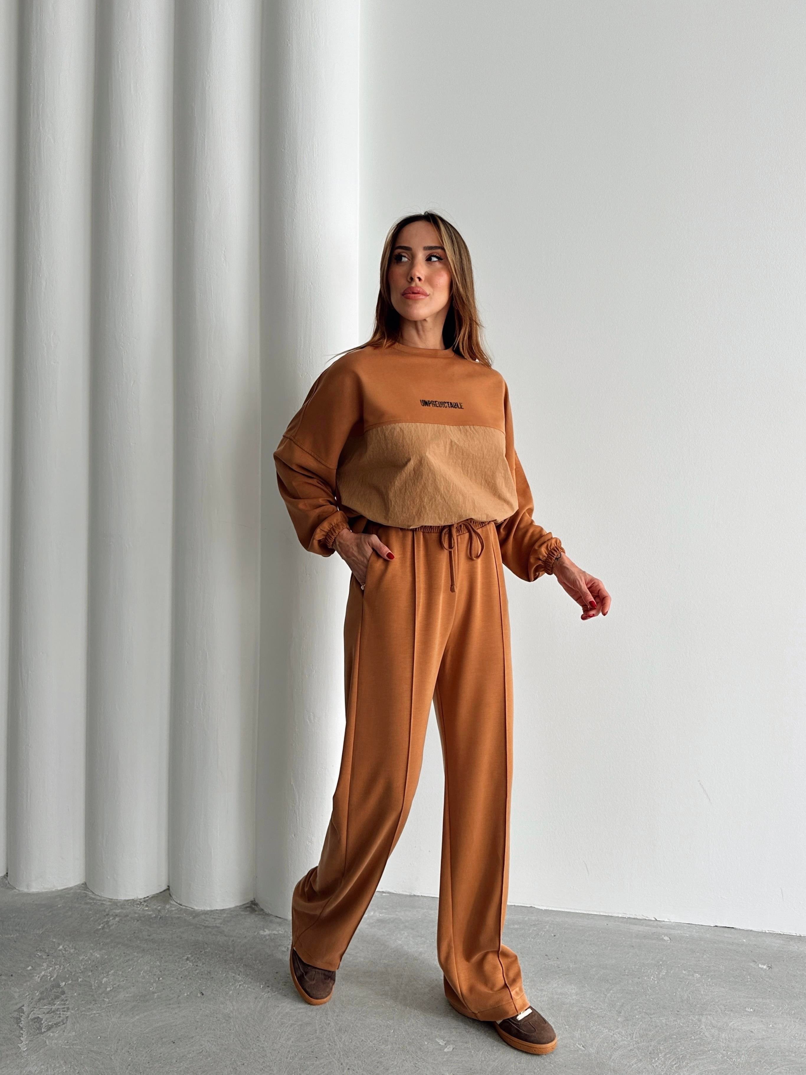 Kadın Paraşüt Detay Sweat Pantolon Sütlü Kahve Modal Takım