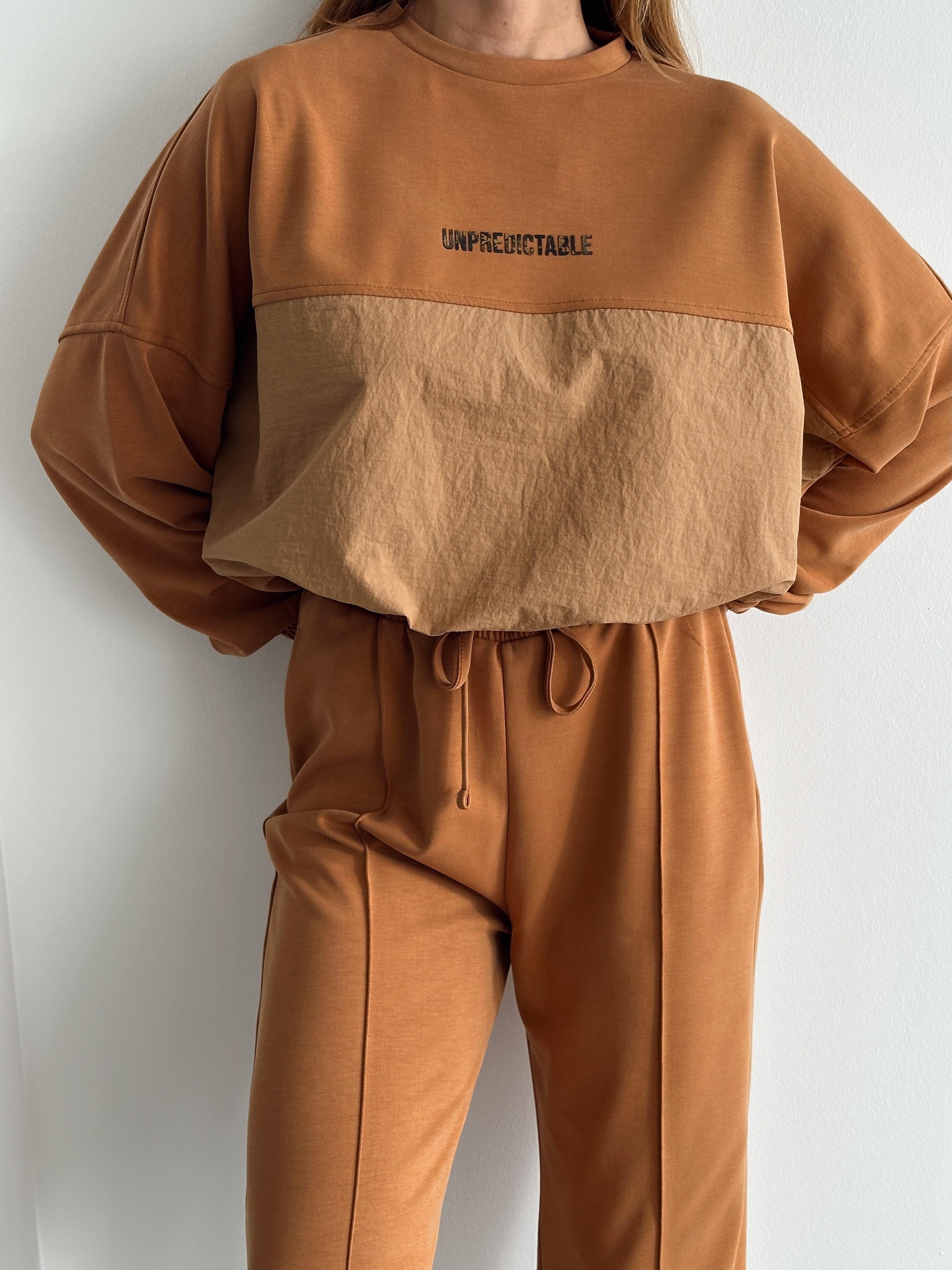 Kadın Paraşüt Detay Sweat Pantolon Sütlü Kahve Modal Takım