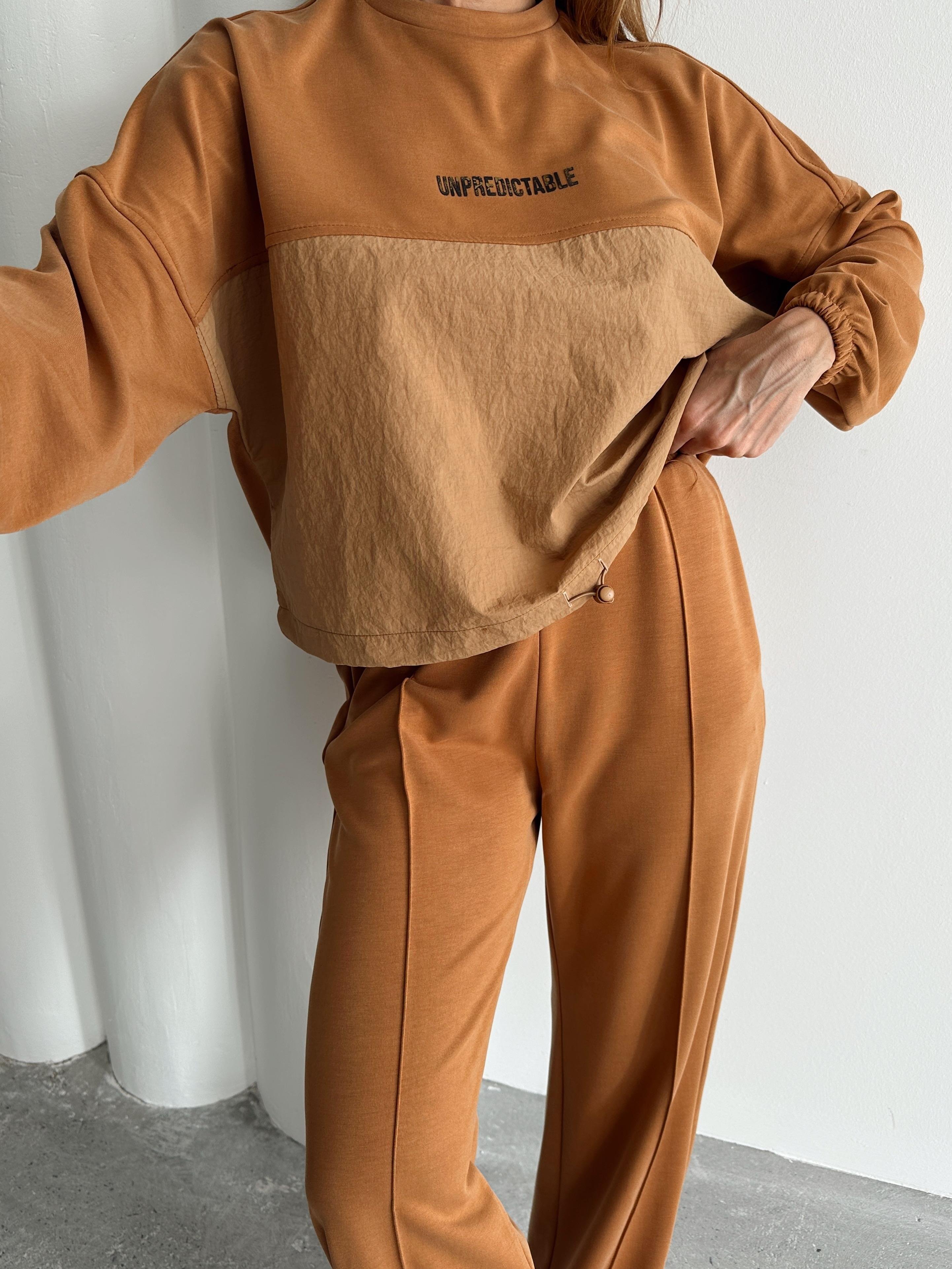 Kadın Paraşüt Detay Sweat Pantolon Sütlü Kahve Modal Takım