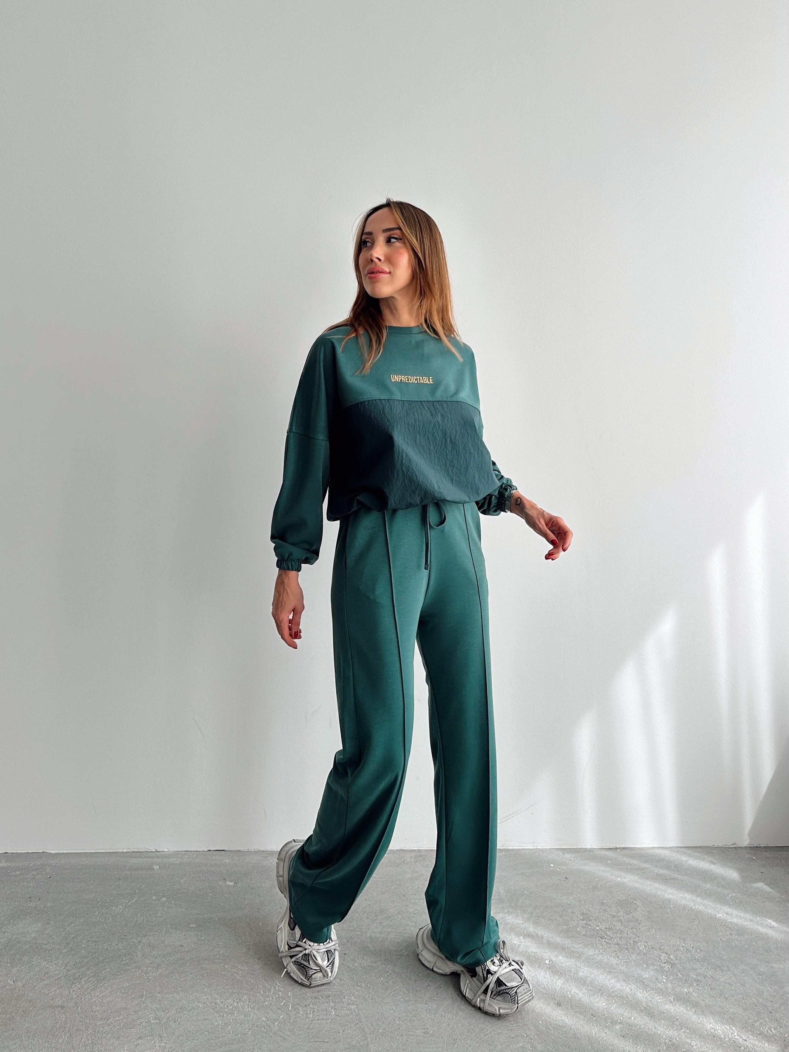 Kadın Paraşüt Detay Sweat Pantolon Yeşil Modal Takım