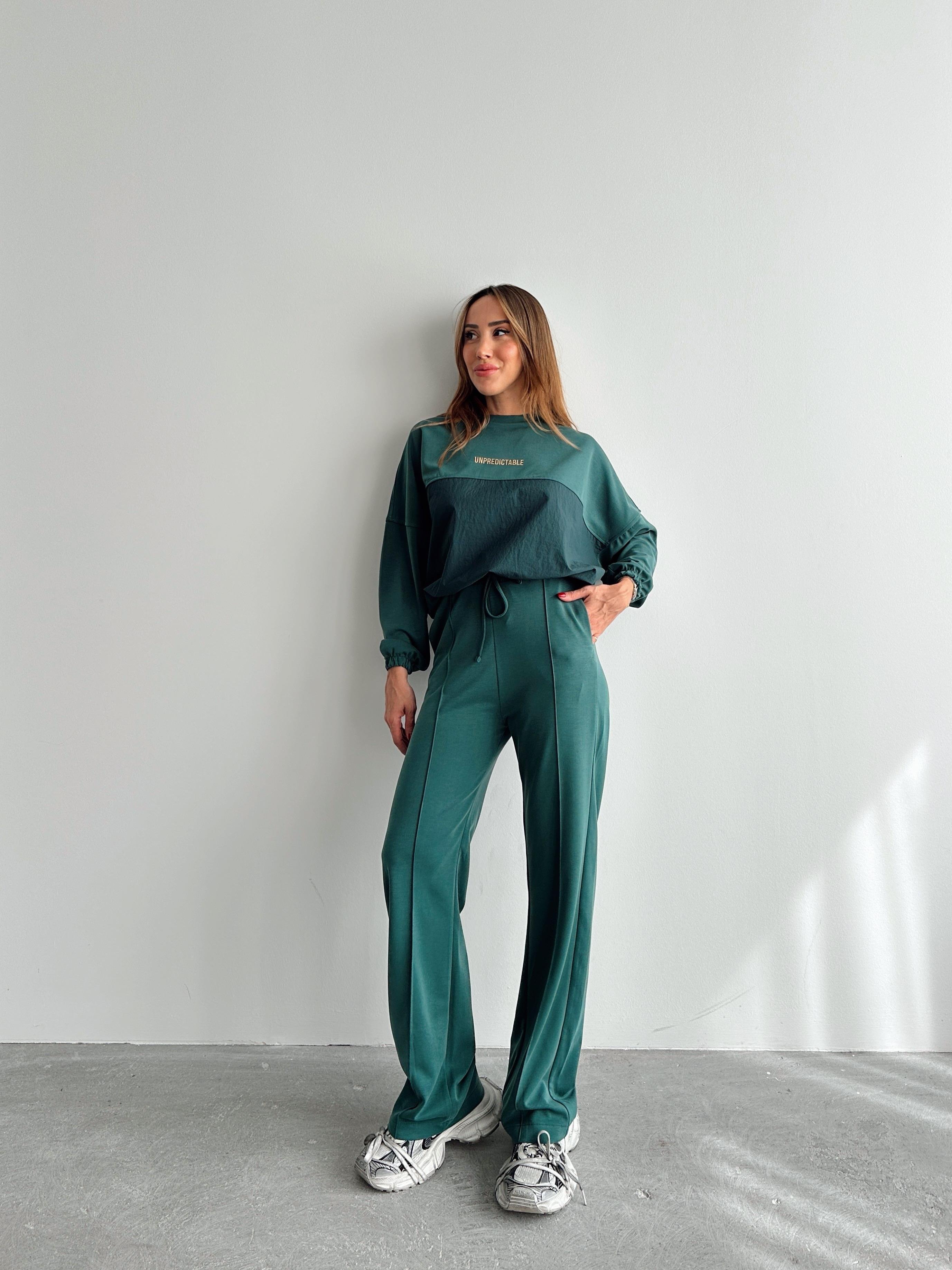 Kadın Paraşüt Detay Sweat Pantolon Yeşil Modal Takım