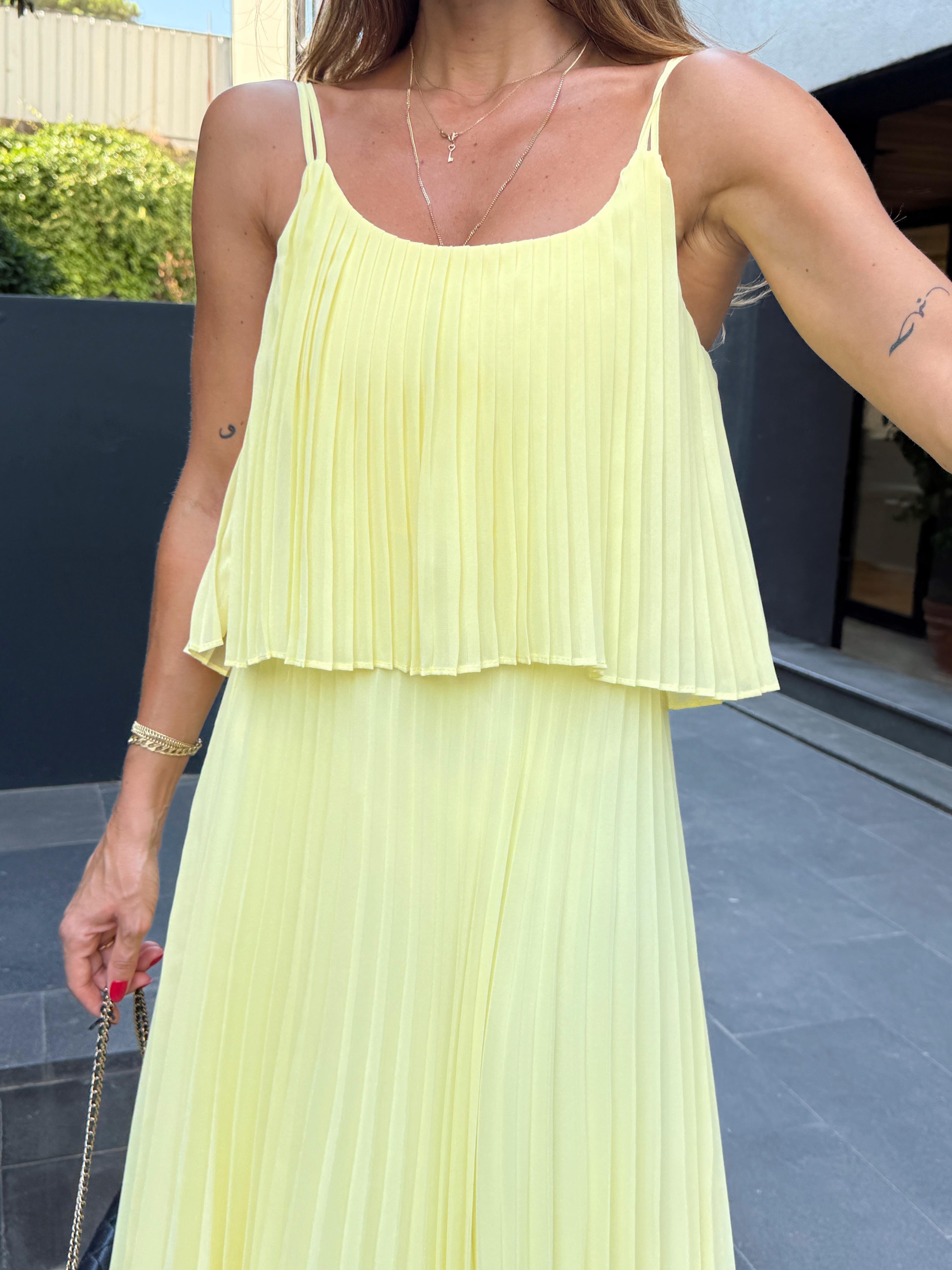 Kadın Pliseli Şifon Sarı Elbise