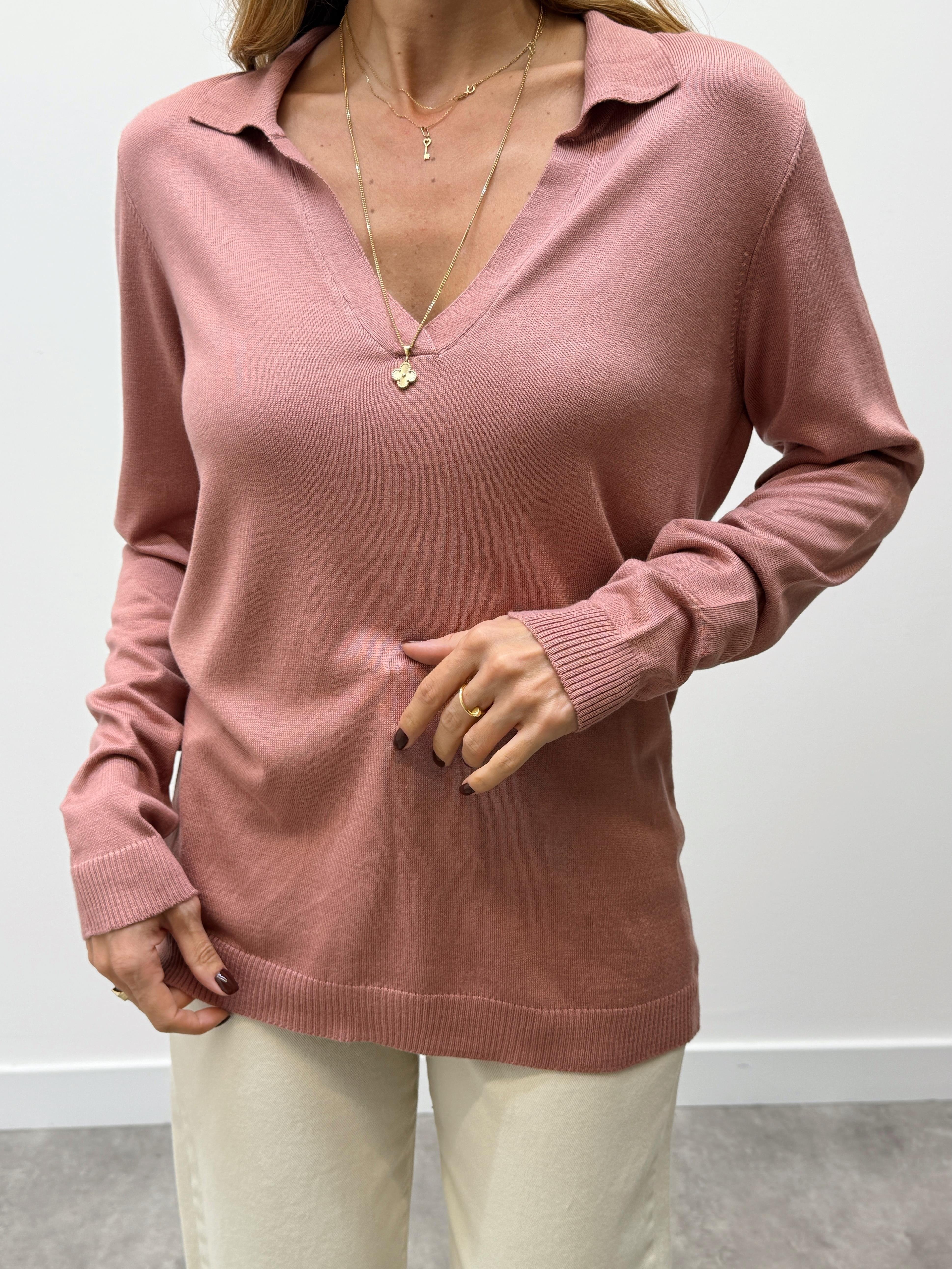 Kadın Polo Yaka Basic Gül Kurusu Kazak