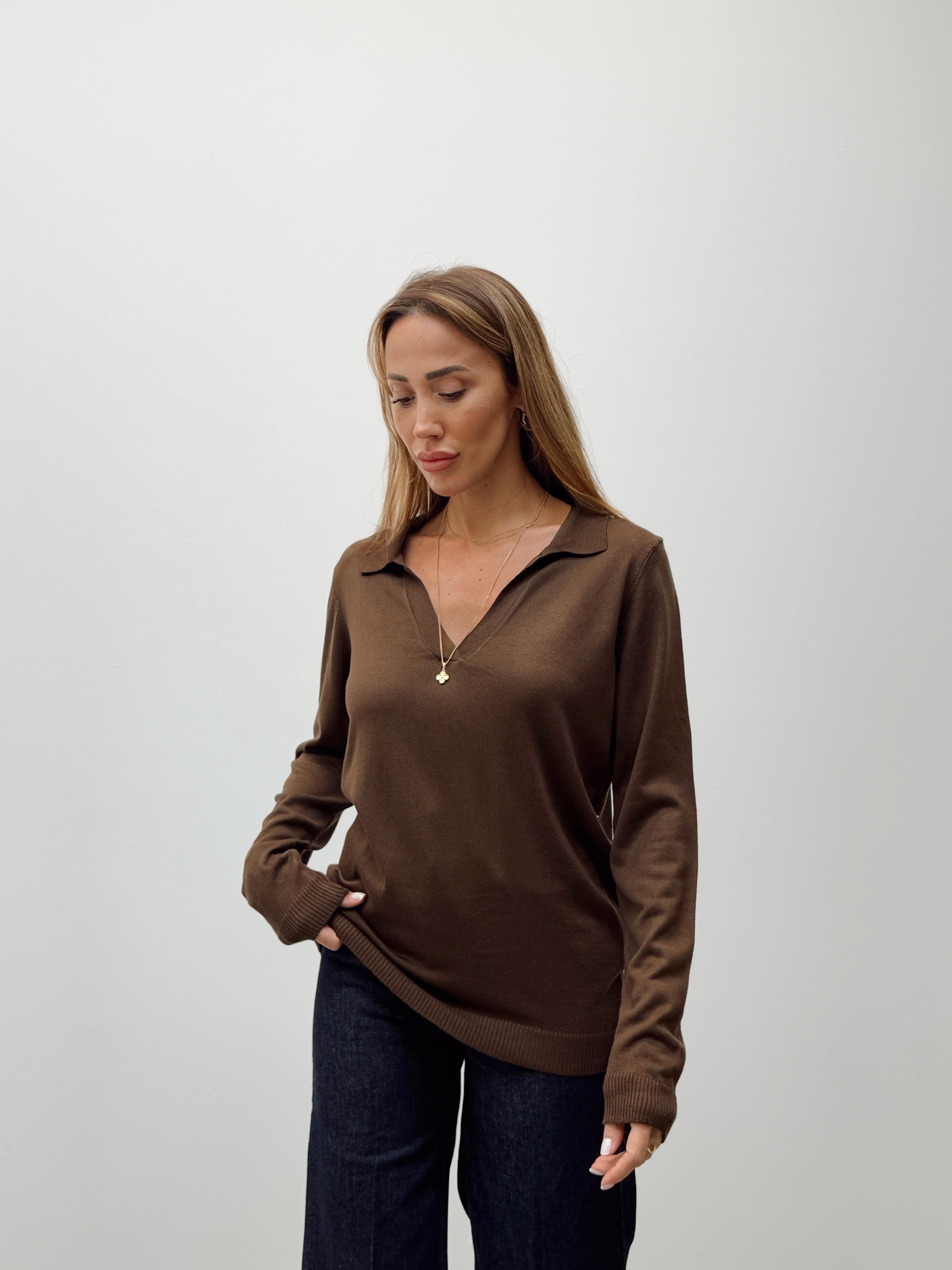 Kadın Polo Yaka  Basic Kahverengi Kazak 