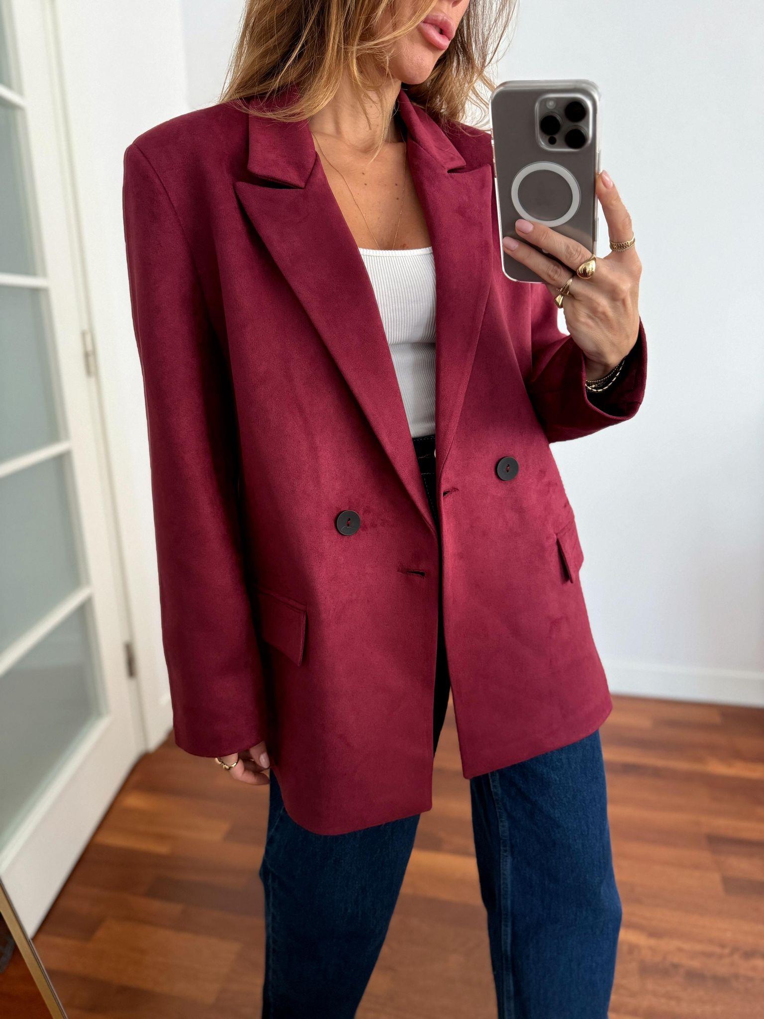 Kadın Süet Kumaş Astarlı Bordo Blazer Ceket