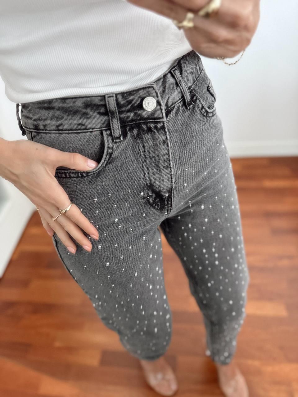 Kadın Taş Detay Yüksek Bel Siyah Mom Jean 1414