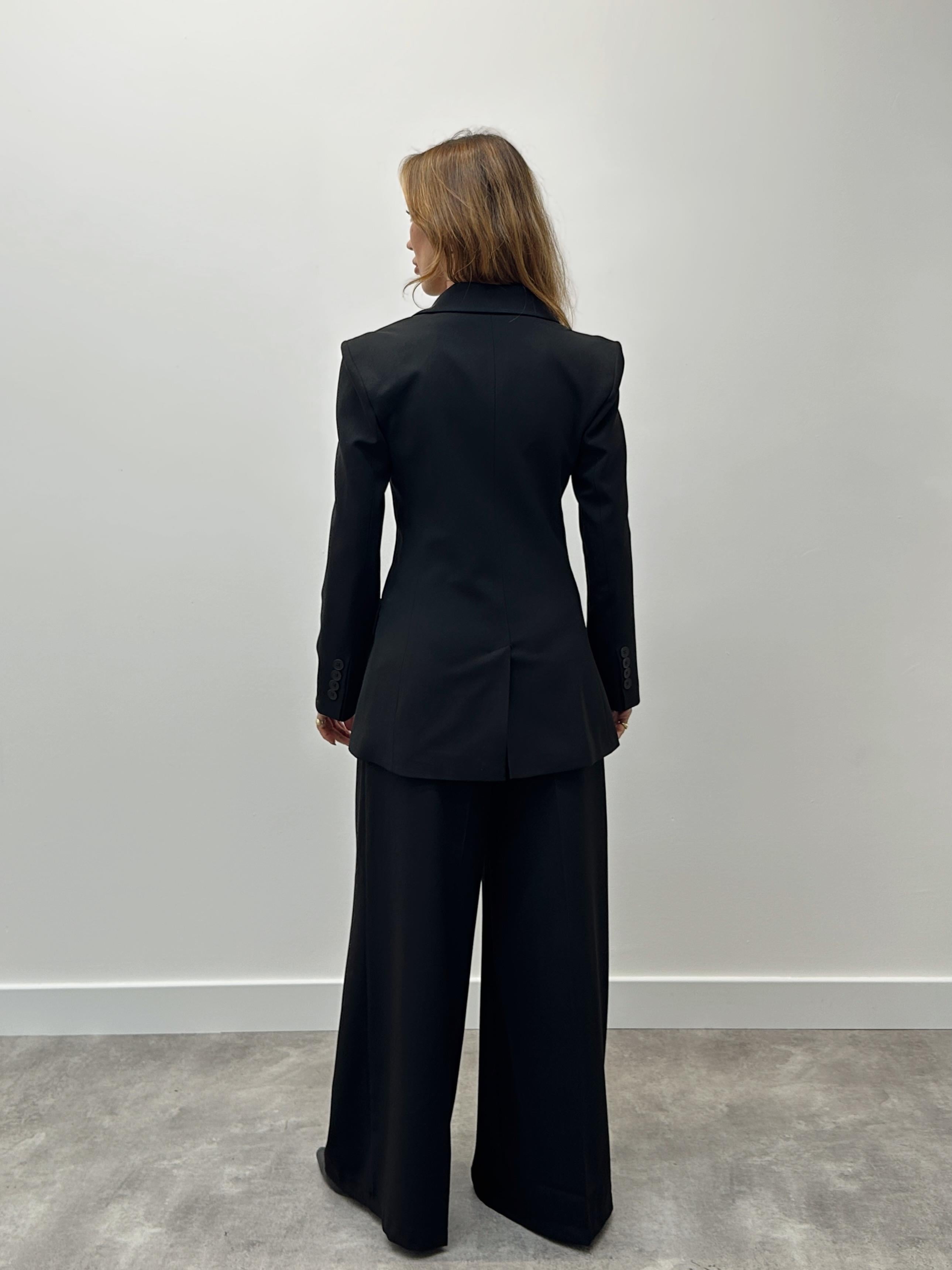 Kadın Tek Düğme Piliseli Palazzo Pantolon Siyah Blazer Takım