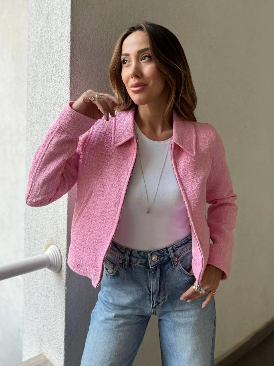 Kadın Tüvit Fermuarlı Gömlek Yaka Pembe Bomber Ceket