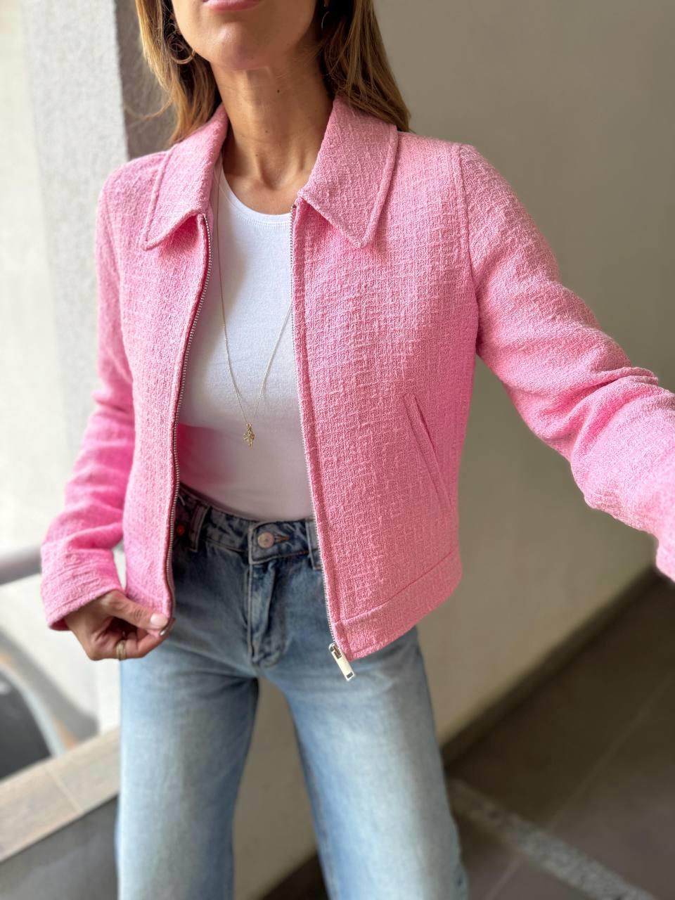 Kadın Tüvit Fermuarlı Gömlek Yaka Pembe Bomber Ceket