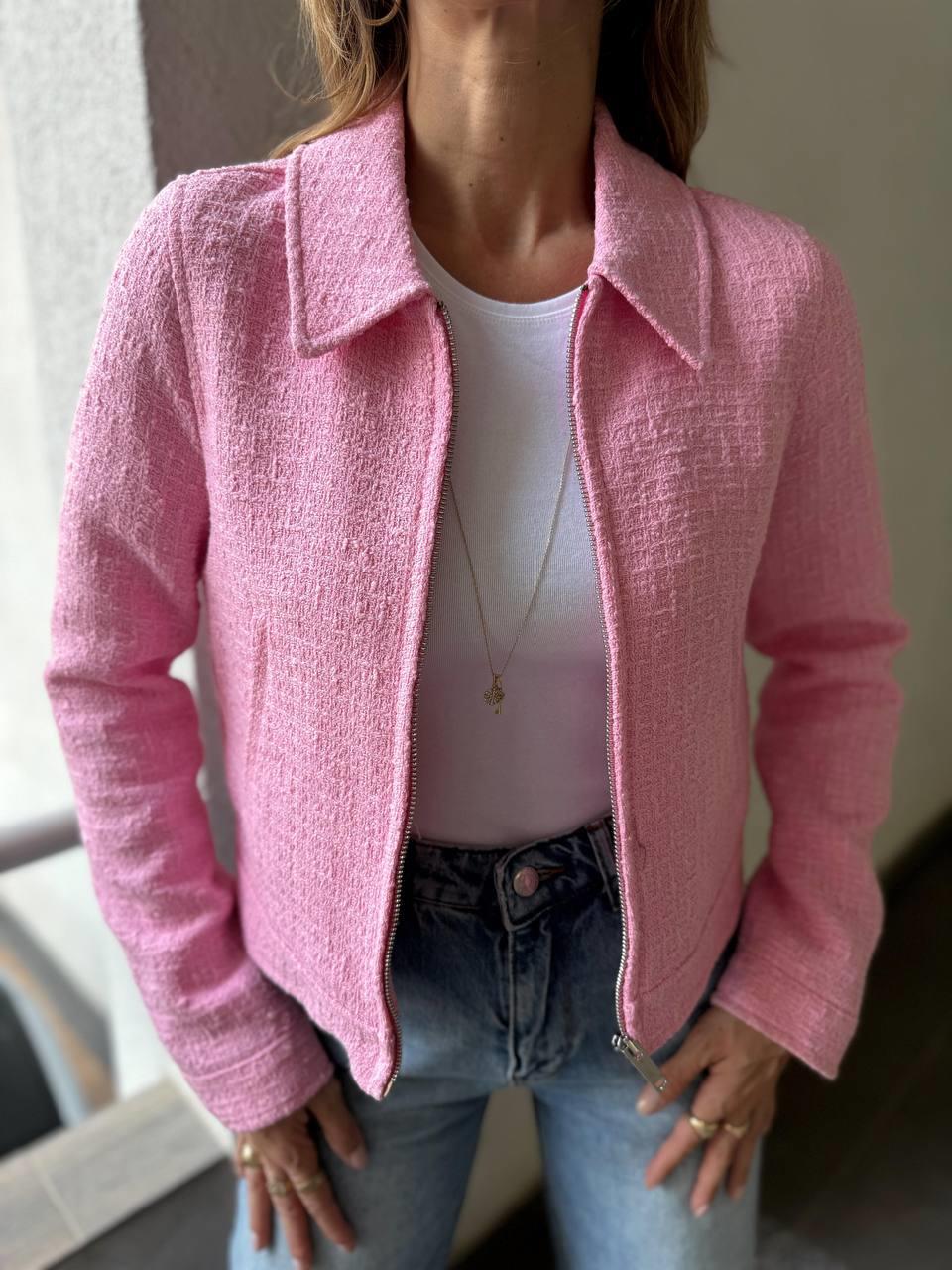 Kadın Tüvit Fermuarlı Gömlek Yaka Pembe Bomber Ceket