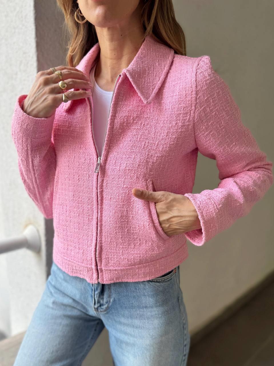 Kadın Tüvit Fermuarlı Gömlek Yaka Pembe Bomber Ceket