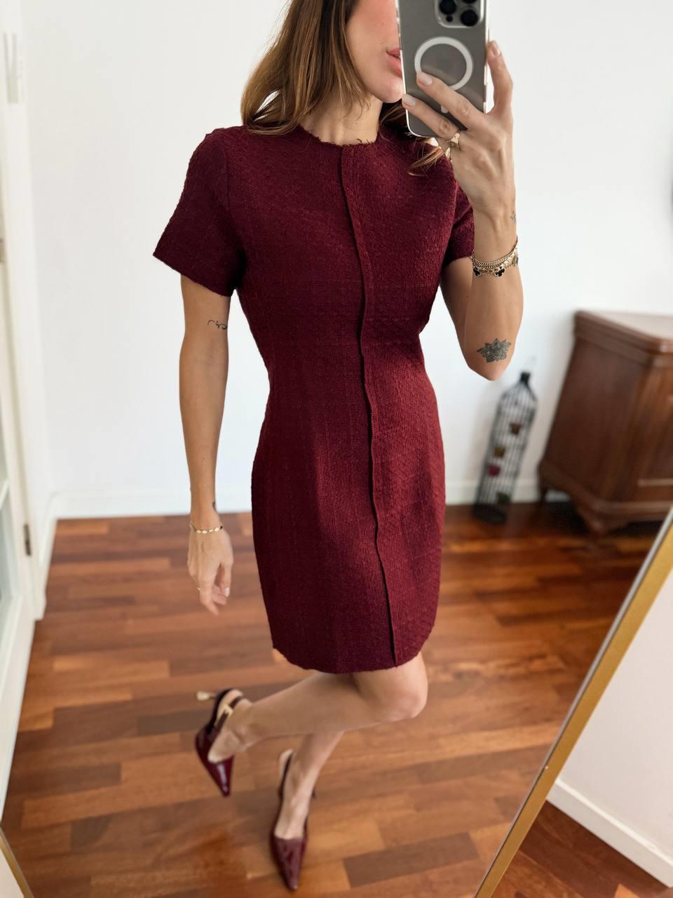 Kadın Tüvit Kumaş Kısa Kol Bordo Elbise