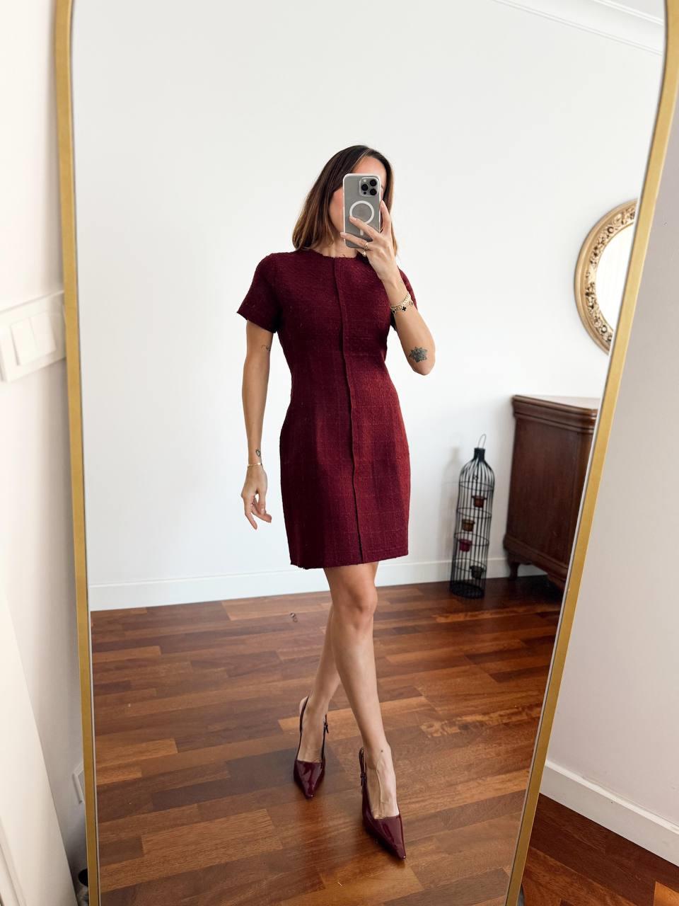 Kadın Tüvit Kumaş Kısa Kol Bordo Elbise