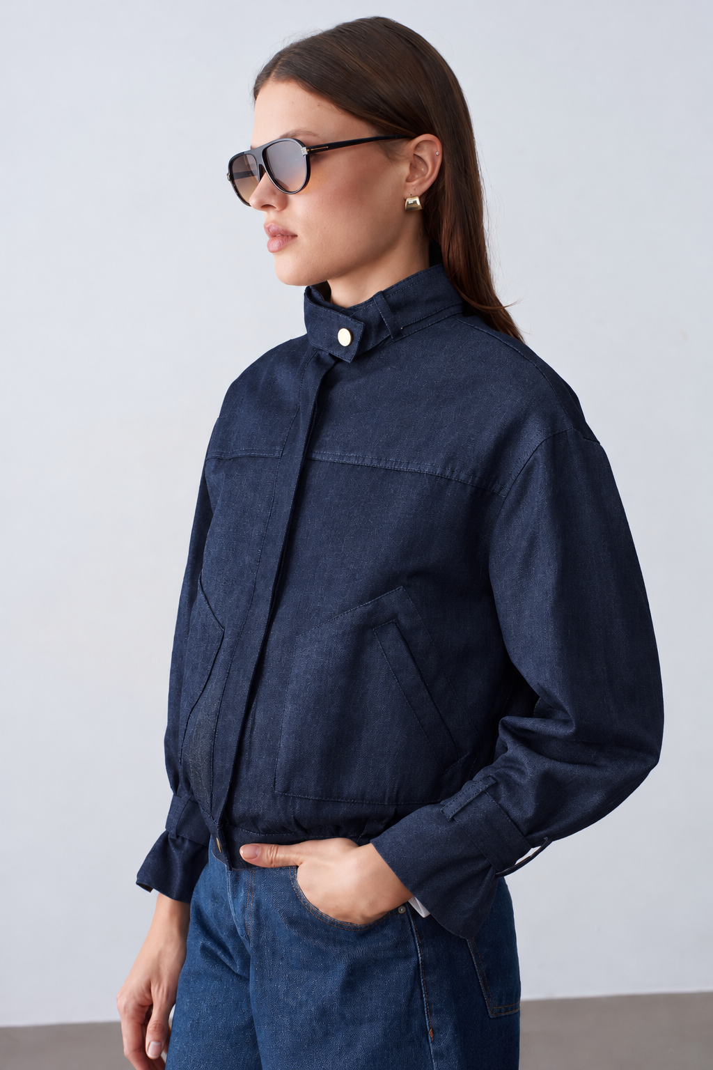 Premium Crop Denim Mavi Ceket 
