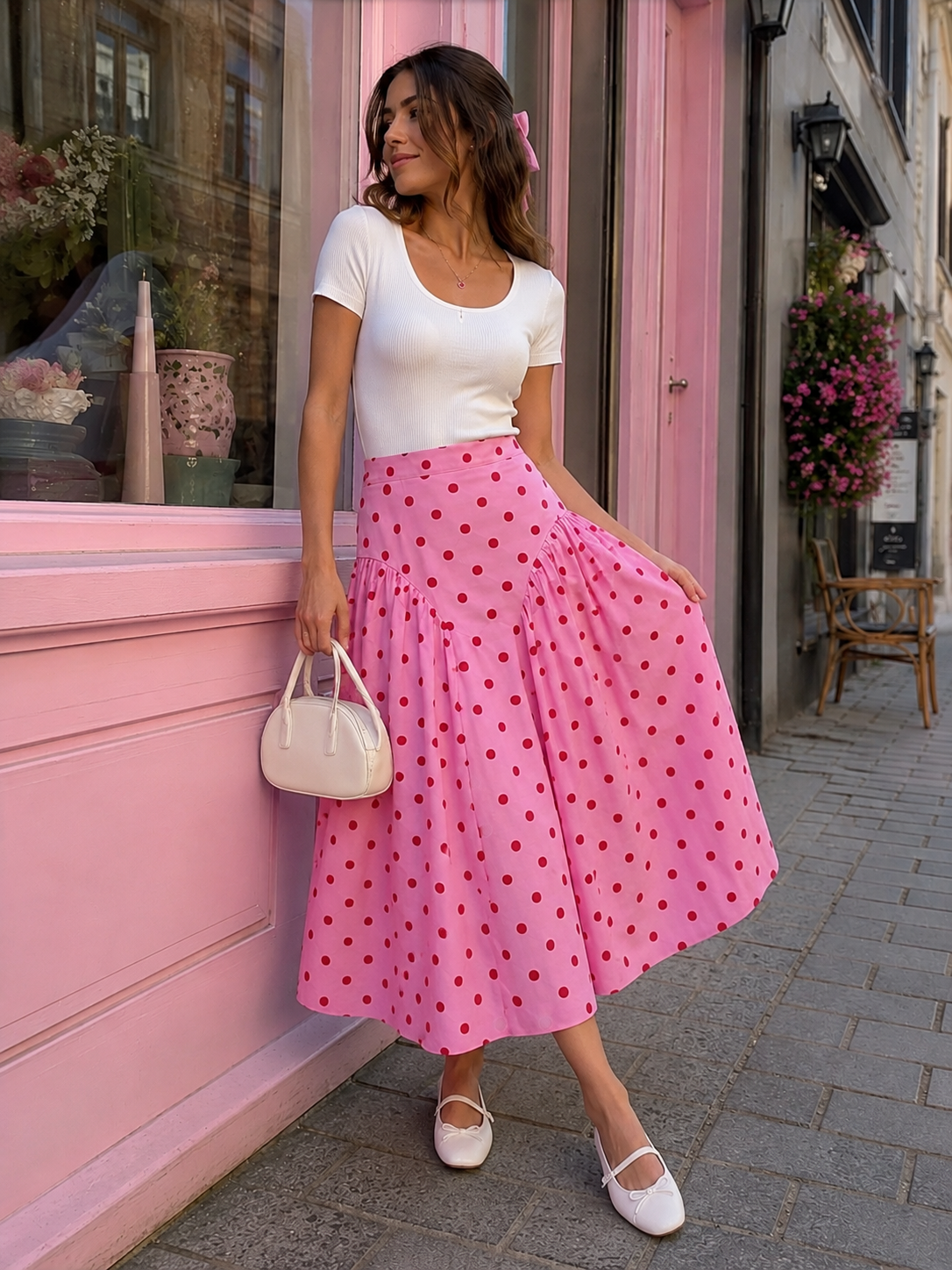 Puantiye Detaylı Midi Boy Pembe Etek