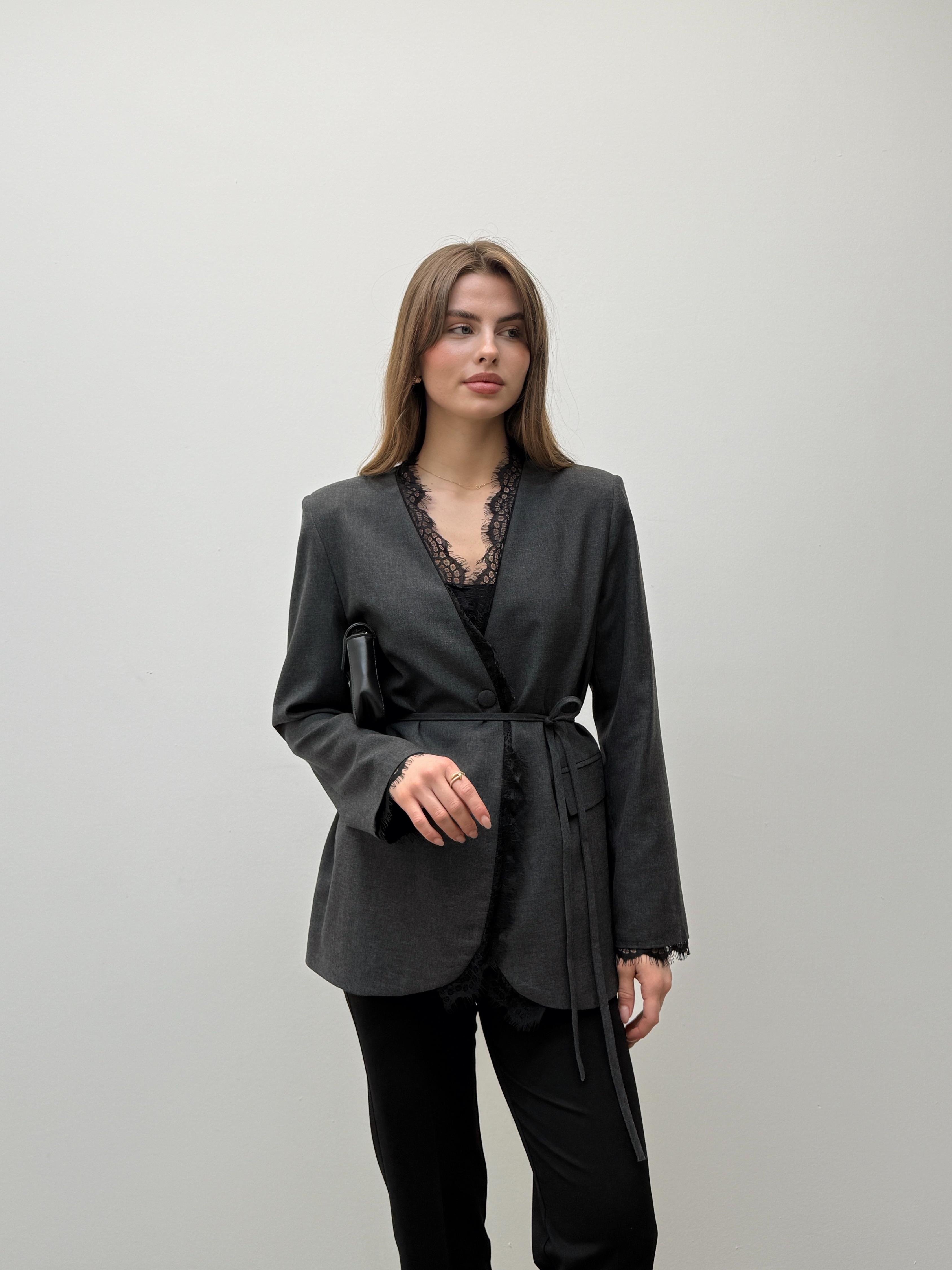 Velora Dantel  Kuşaklı Antrasit Blazer Ceket