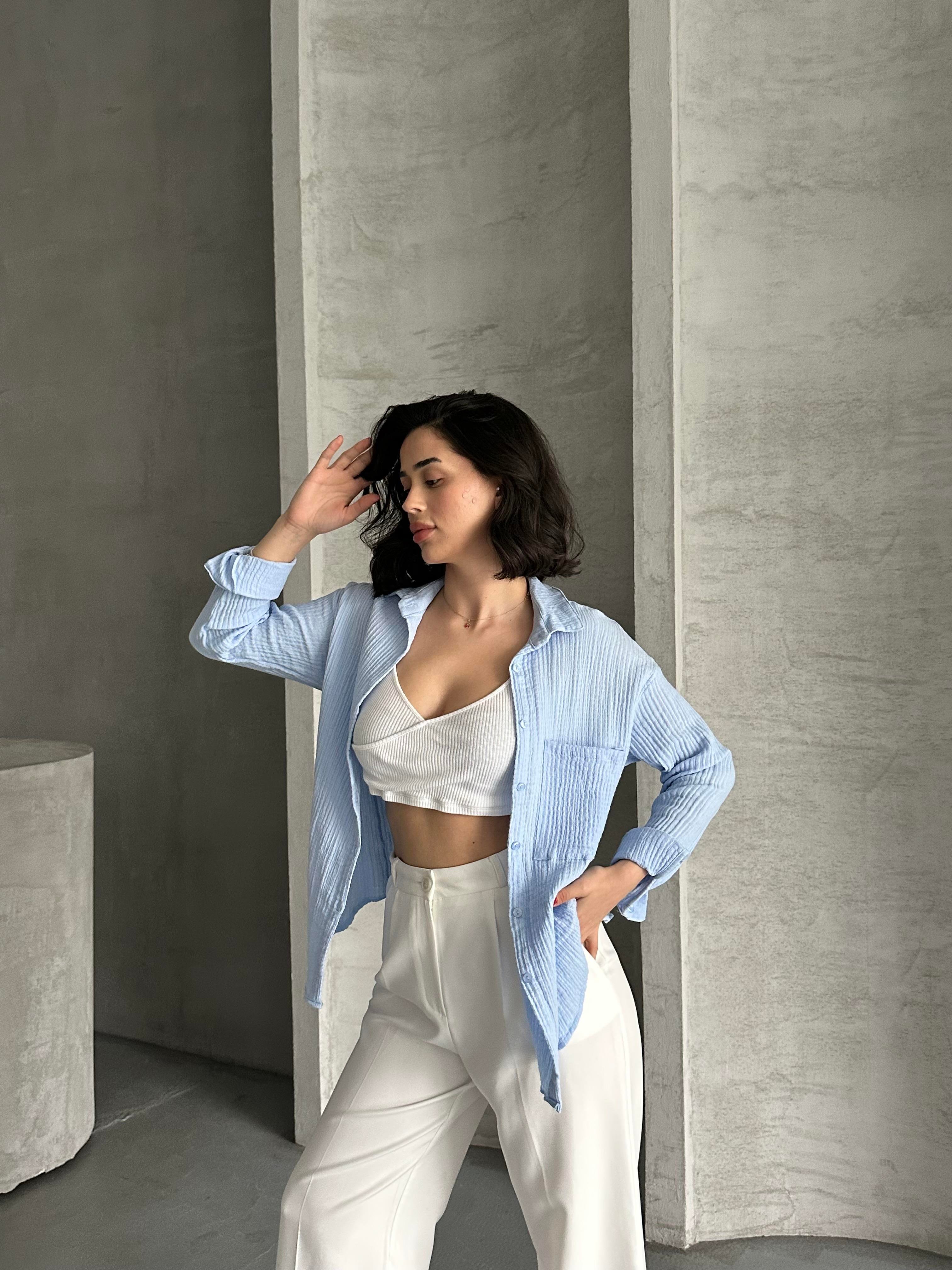 Kadın Bebe Mavisi Müslin Kumaş Oversize Gömlek