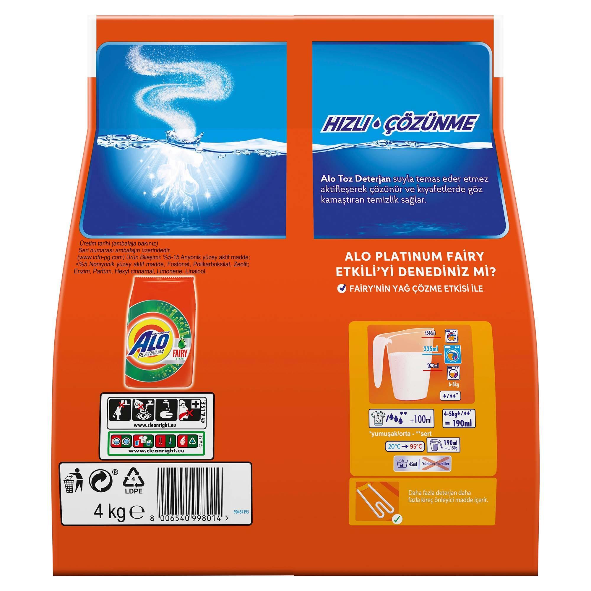 Alo Platinum 4 Kg Fairy Etkili Renkliller Hızlı Çözülme Toz Deterjan