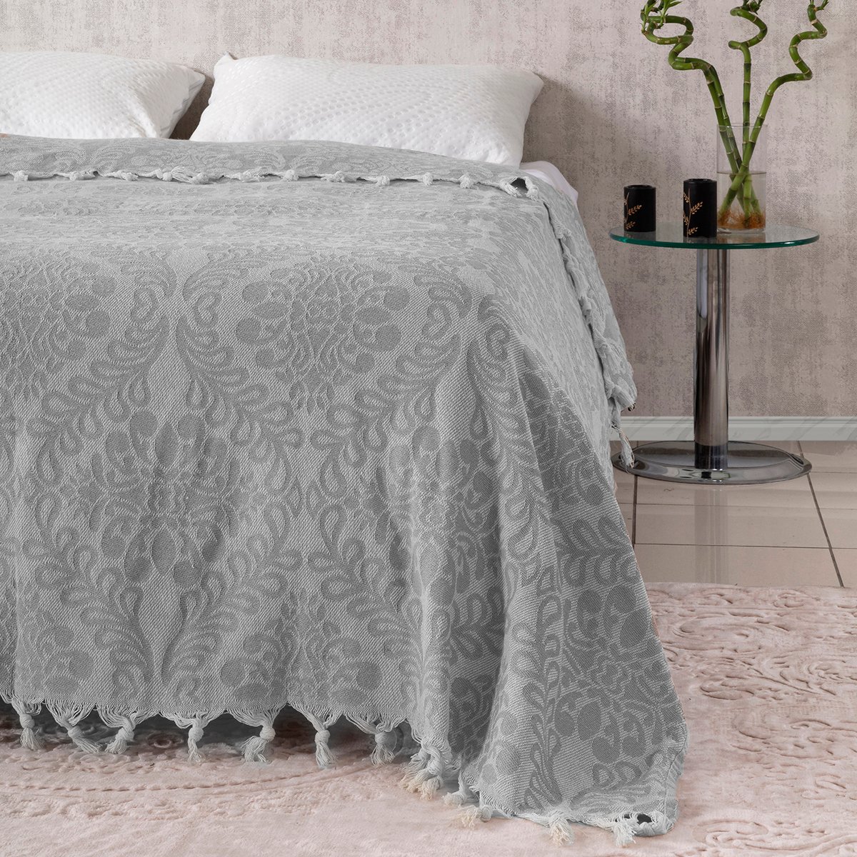  Damask Desenli Çift Kişilik Yatak Örtüsü Jakarlı 200x230 Cm Gri