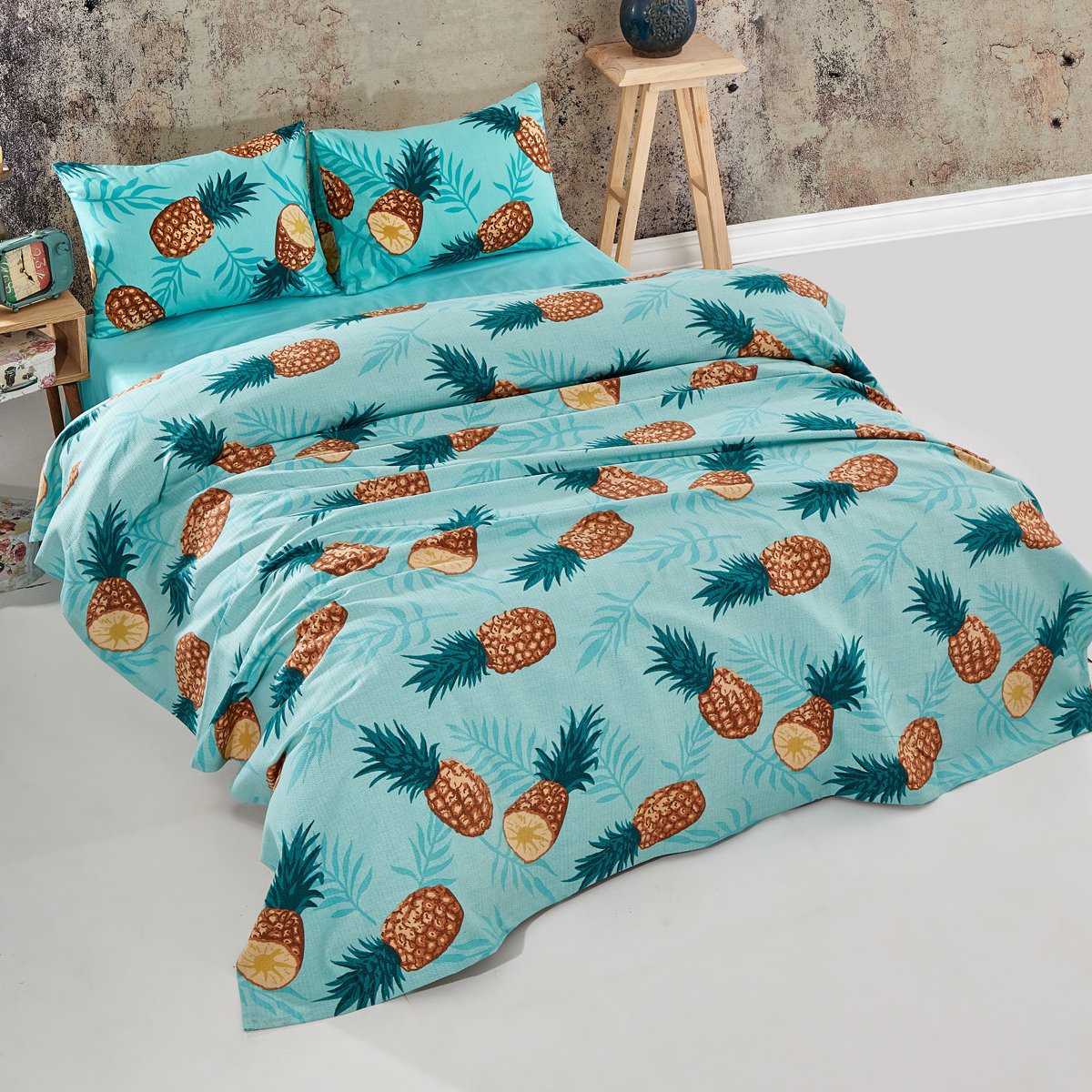 Ananas Desenli Çift Kişilik Pike Takımı Turkuaz