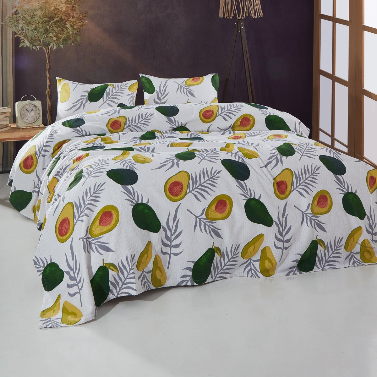 Avocado Desenli Çift Kişilik Pike Takımı Beyaz