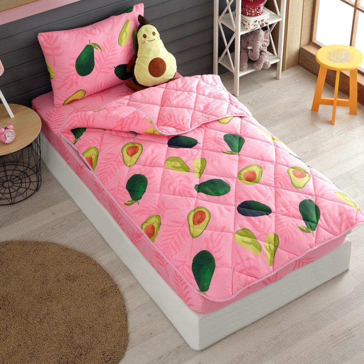 Avokado Desenli Pembe Tek Kişilik Yorganlı Çocuk Uyku Seti