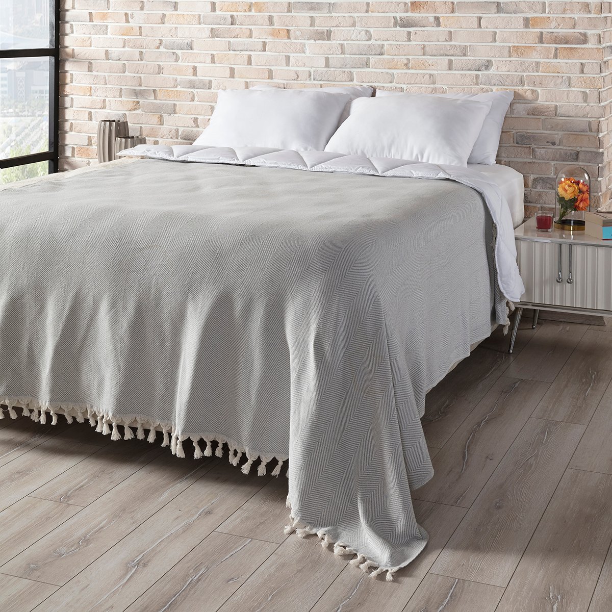 Balık Sırtı Desenli Çift Kişilik Yatak Örtüsü 200x230 Cm Gri