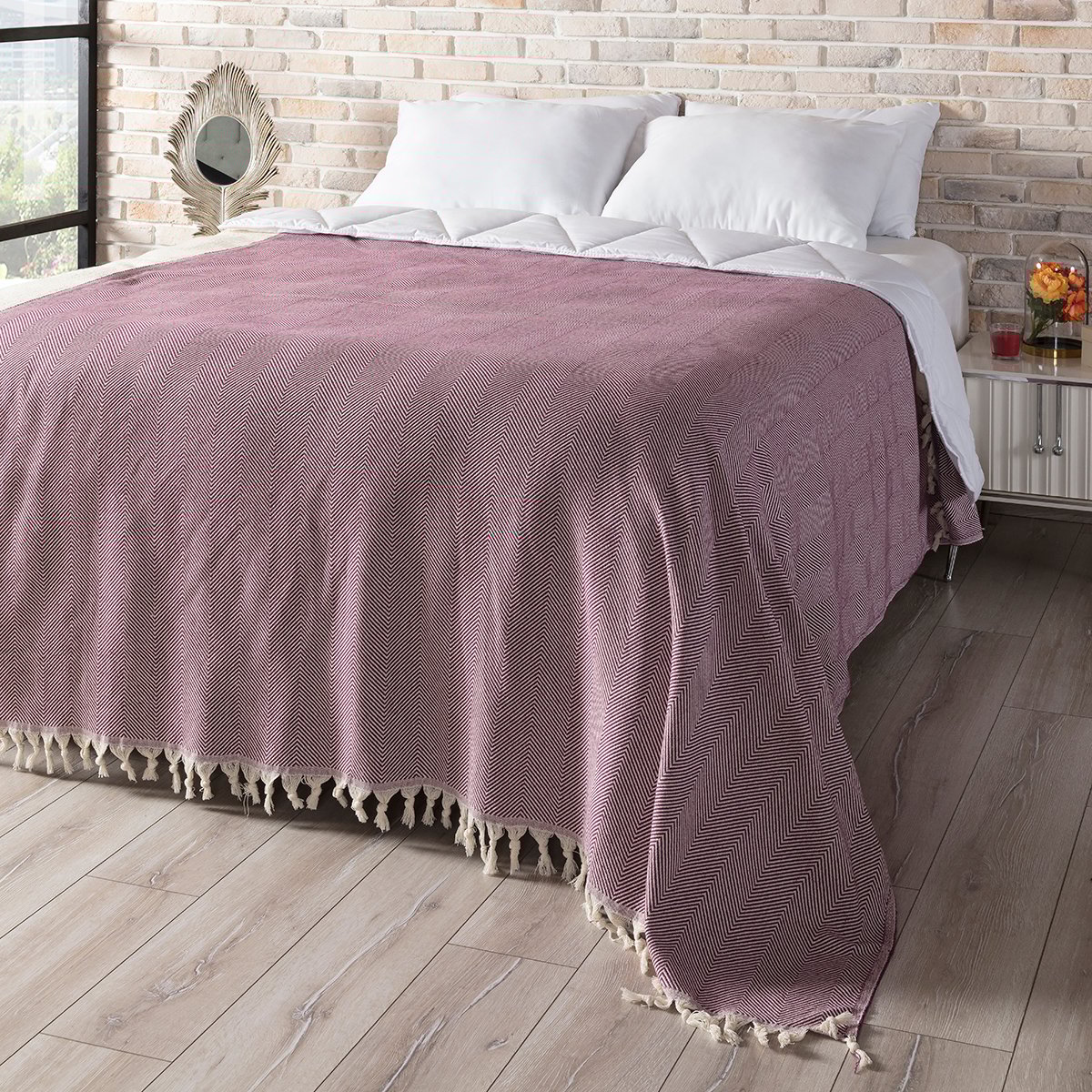 Balık Sırtı Desenli Çift Kişilik Yatak Örtüsü 200x230 Cm Bordo