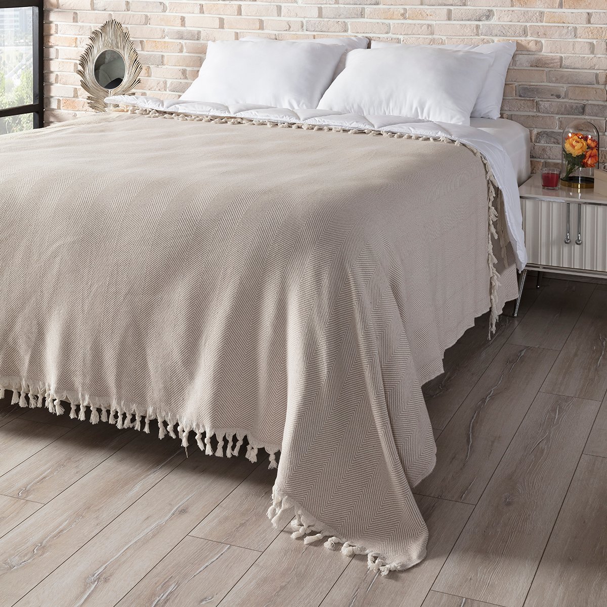 Balık Sırtı Desenli Çift Kişilik Yatak Örtüsü 200x230 Cm Bej