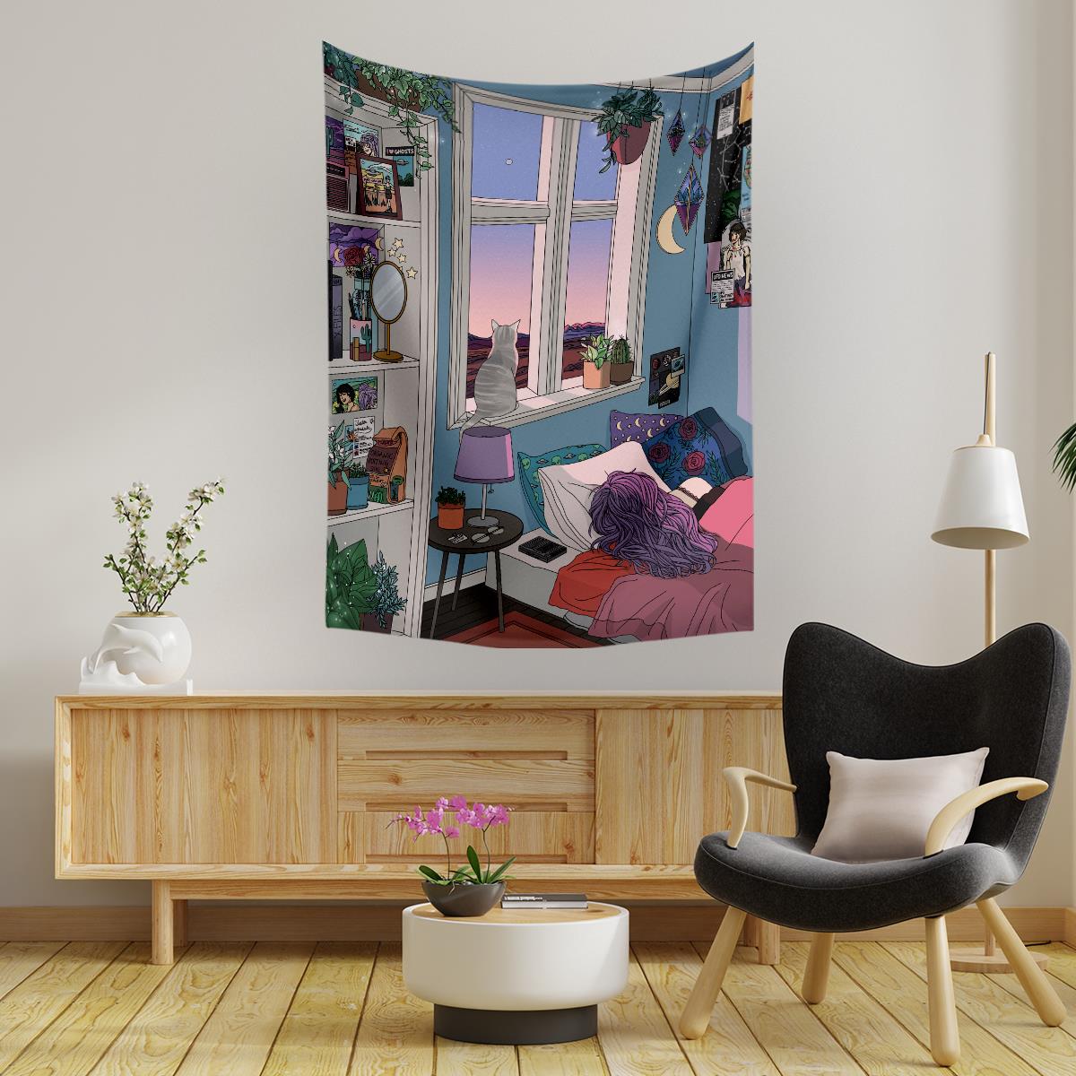 Camda Oturan Kedi Duvar Halısı Bohem Duvar Örtüsü Halısı 70x100, 100x140, 140x200