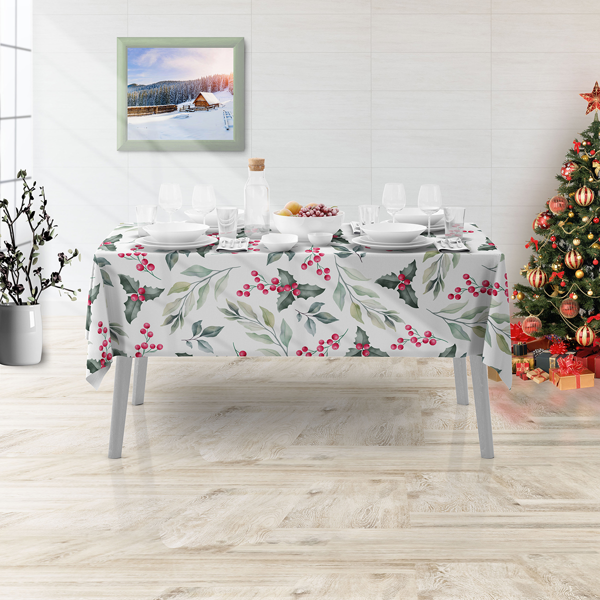 Çiçek Desenli Yılbaşı Masa Örtüsü