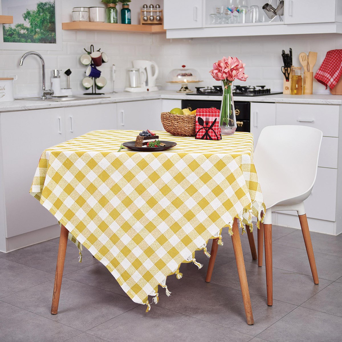 Çok Amaçlı Sofra Bezi Piknik Örtüsü & Masa Örtüsü Sarı  Ekose Pötikare 140x140 Cm