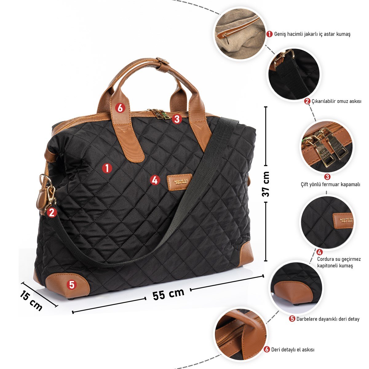 Cordura Su Geçirmez Kumaş Kapitoneli Omuz Askılı Kadın Spor Çanta Siyah