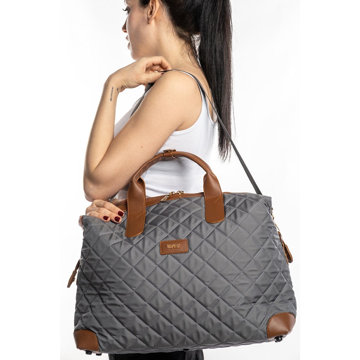 Cordura Su Geçirmez Kumaş Kapitoneli Omuz Askılı Kadın Spor Çanta Gri