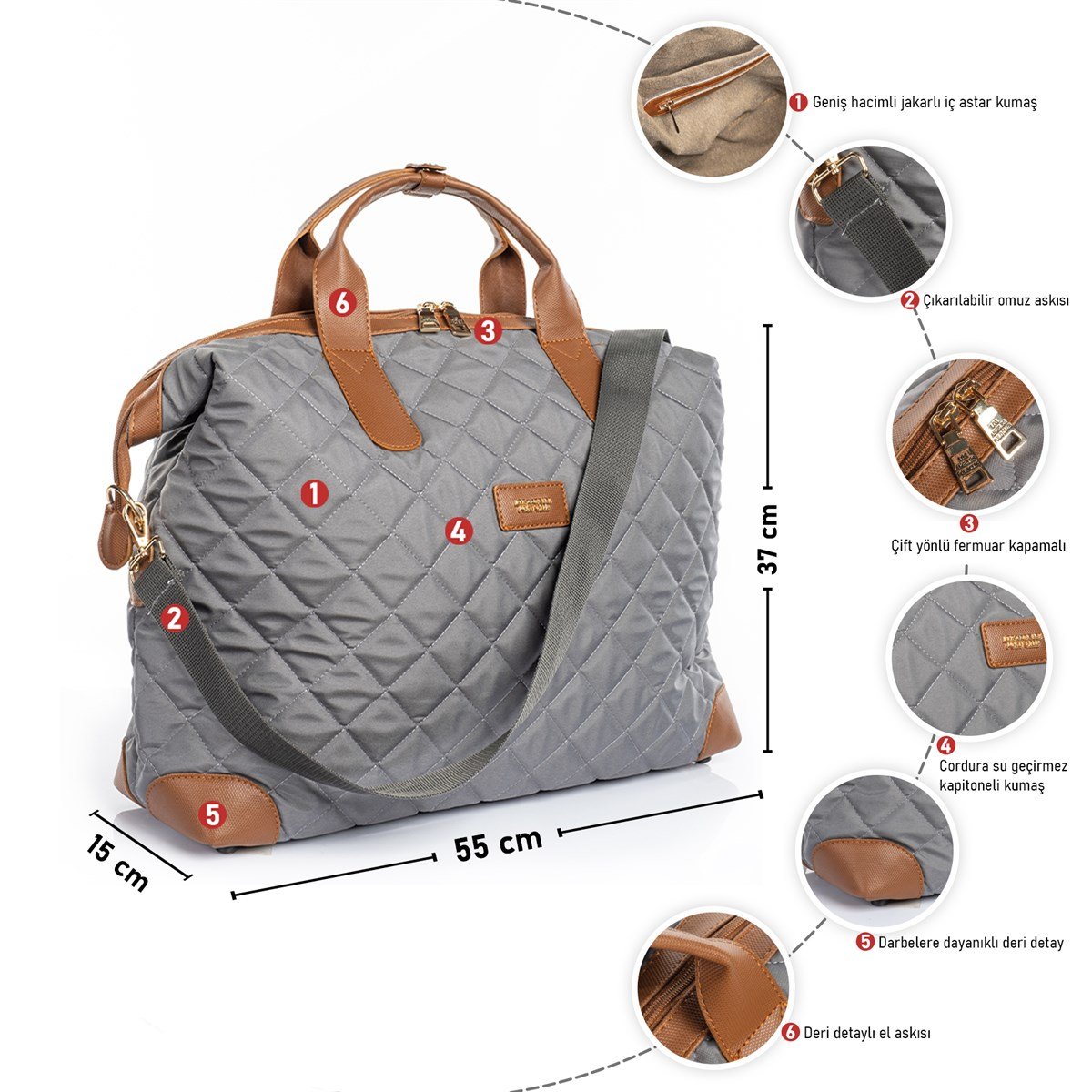 Cordura Su Geçirmez Kumaş Kapitoneli Omuz Askılı Kadın Spor Çanta Gri