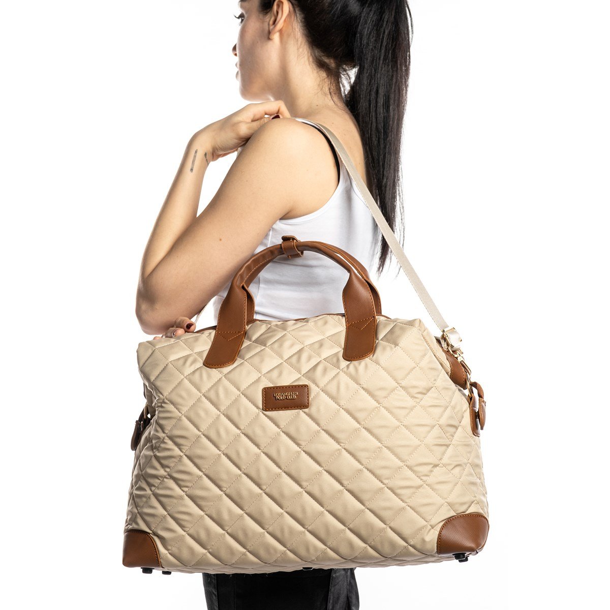 Cordura Su Geçirmez Kumaş Kapitoneli Omuz Askılı Kadın Spor Çanta Krem