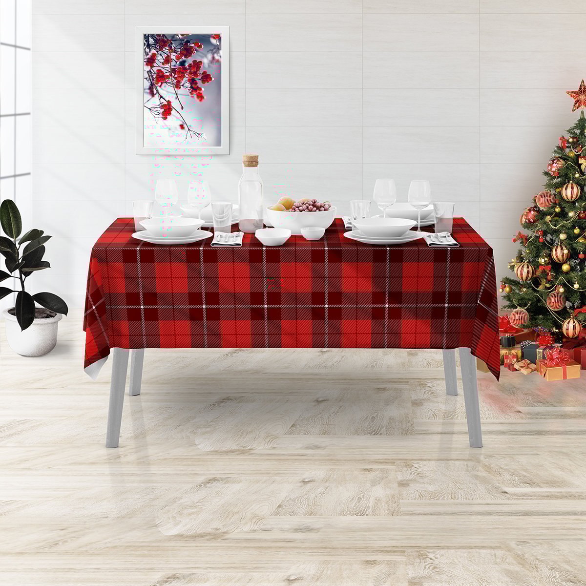 Ekose Desenli Yılbaşı Masa Örtüsü