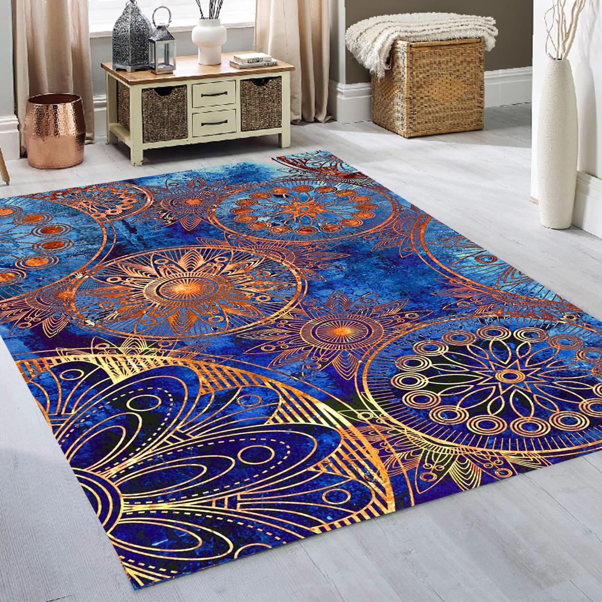 Etnik Mandala Desenli Dijital Baskılı Halı Kaydırmaz Tabanlı Yıkanabilir Halı