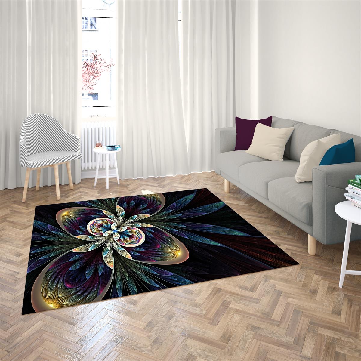 Etnik Mandala Desenli Dijital Baskılı Halı Kaydırmaz Tabanlı Yıkanabilir Halı