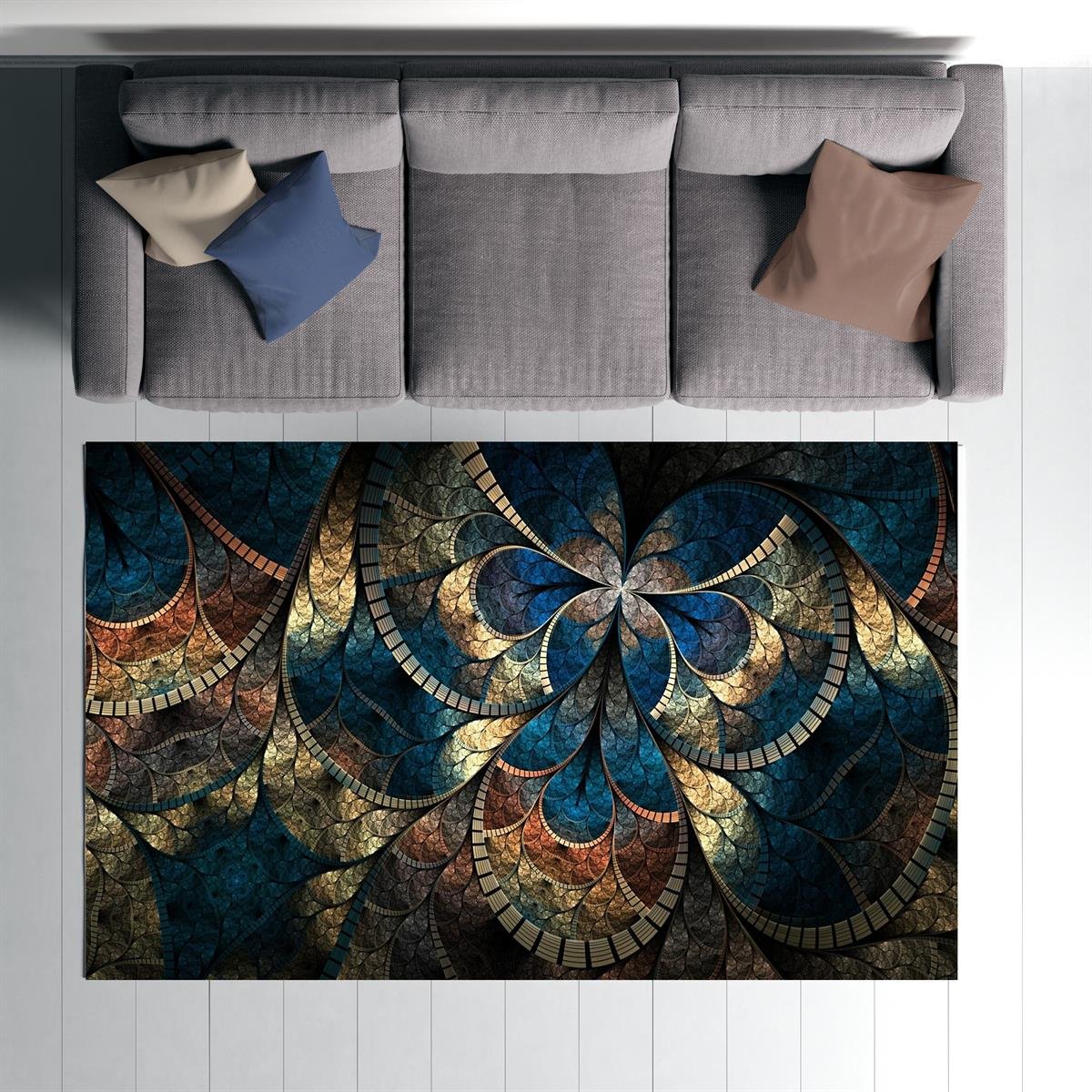 Etnik Mandala Desenli Dijital Baskılı Halı Kaydırmaz Tabanlı Yıkanabilir Halı