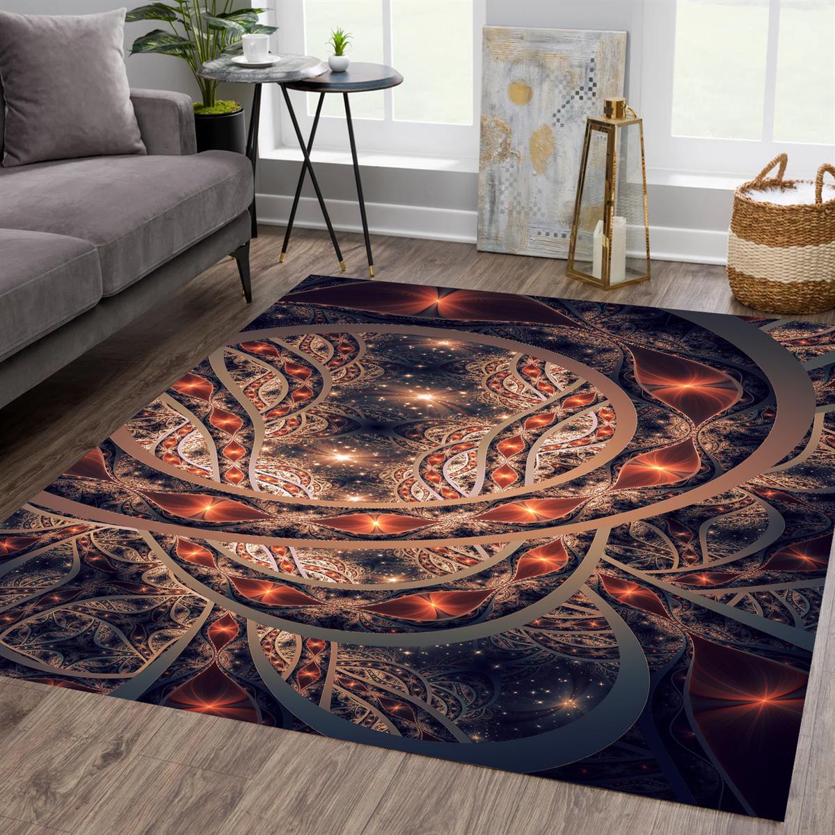 Etnik Mandala Desenli Dijital Baskılı Halı Kaydırmaz Tabanlı Yıkanabilir Halı