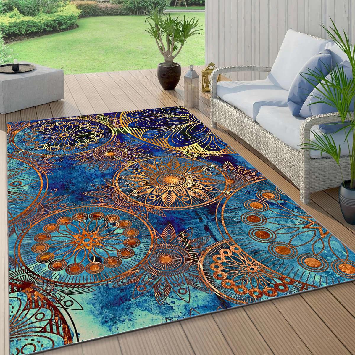 Etnik Mandala Desenli Dijital Baskılı Halı Kaydırmaz Tabanlı Yıkanabilir Halı