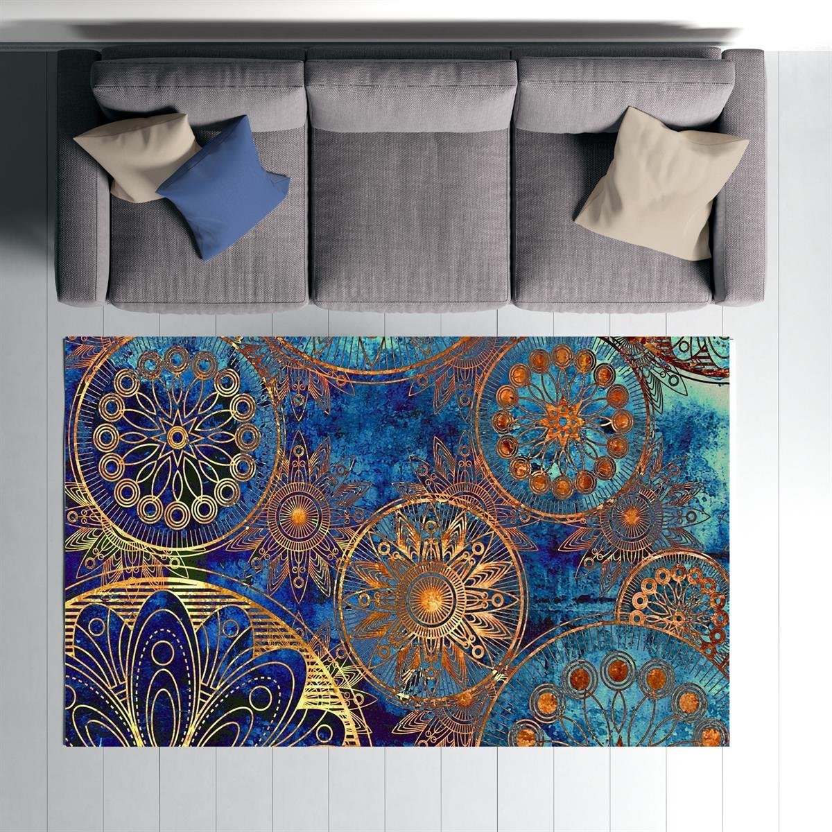 Etnik Mandala Desenli Dijital Baskılı Halı Kaydırmaz Tabanlı Yıkanabilir Halı