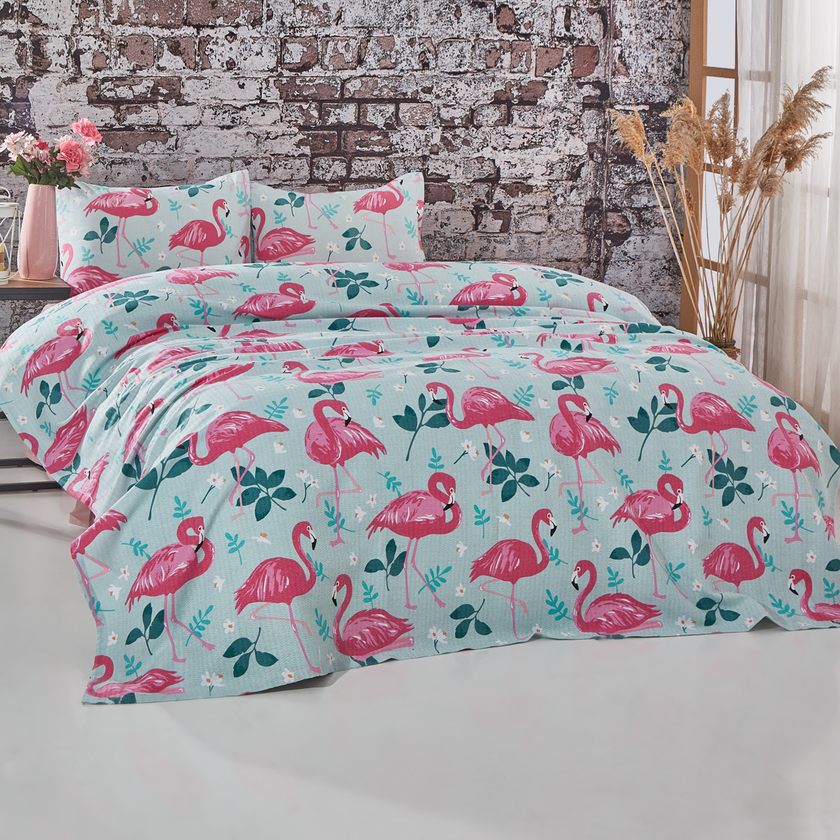 Flamingo Desenli Çift Kişilik Pike Takımı Mavi