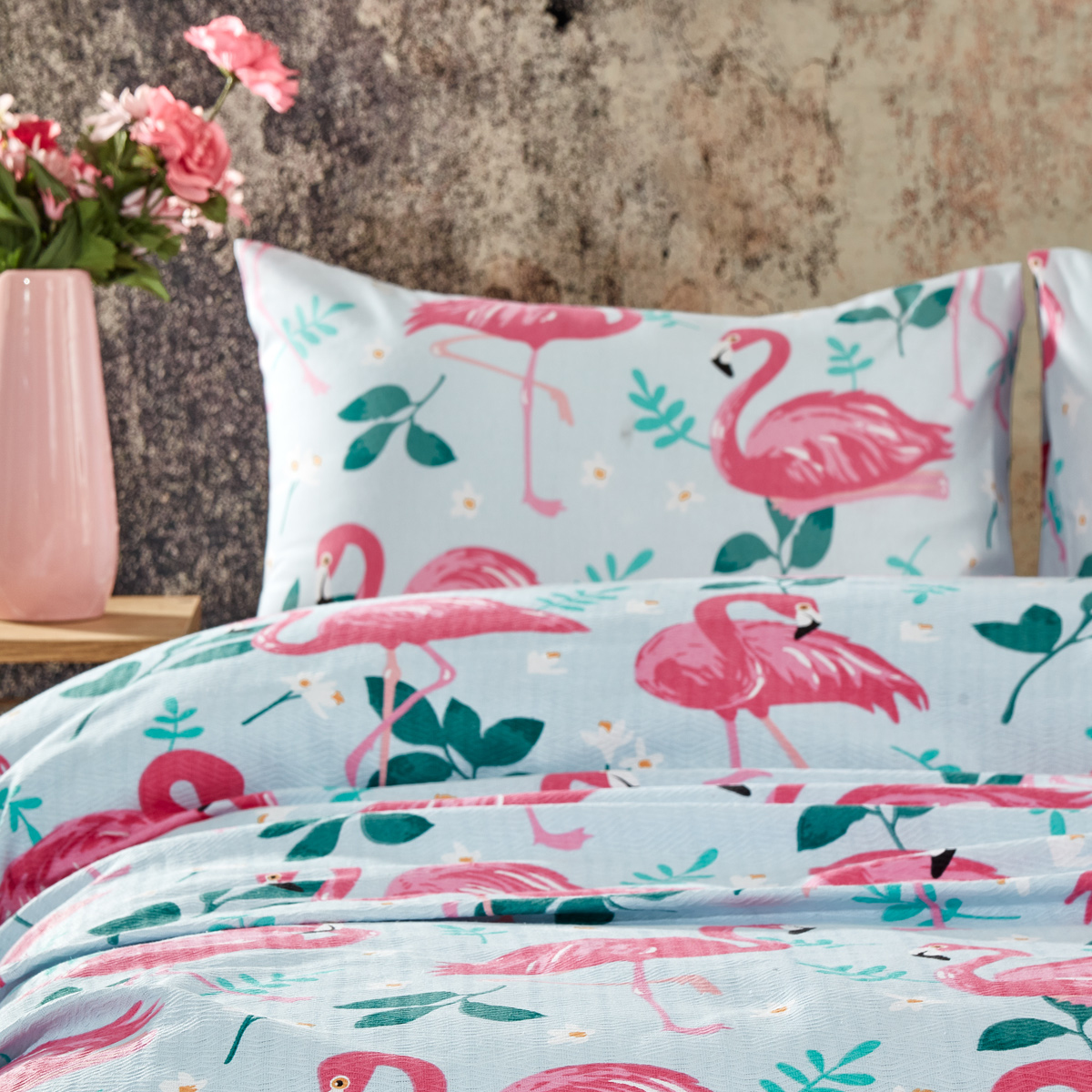 Flamingo Desenli Çift Kişilik Pike Takımı Mavi