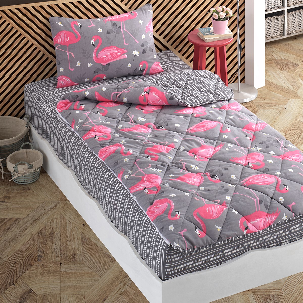 Flamingo Desenli Gri Tek Kişilik Yorganlı Çocuk Uyku Seti