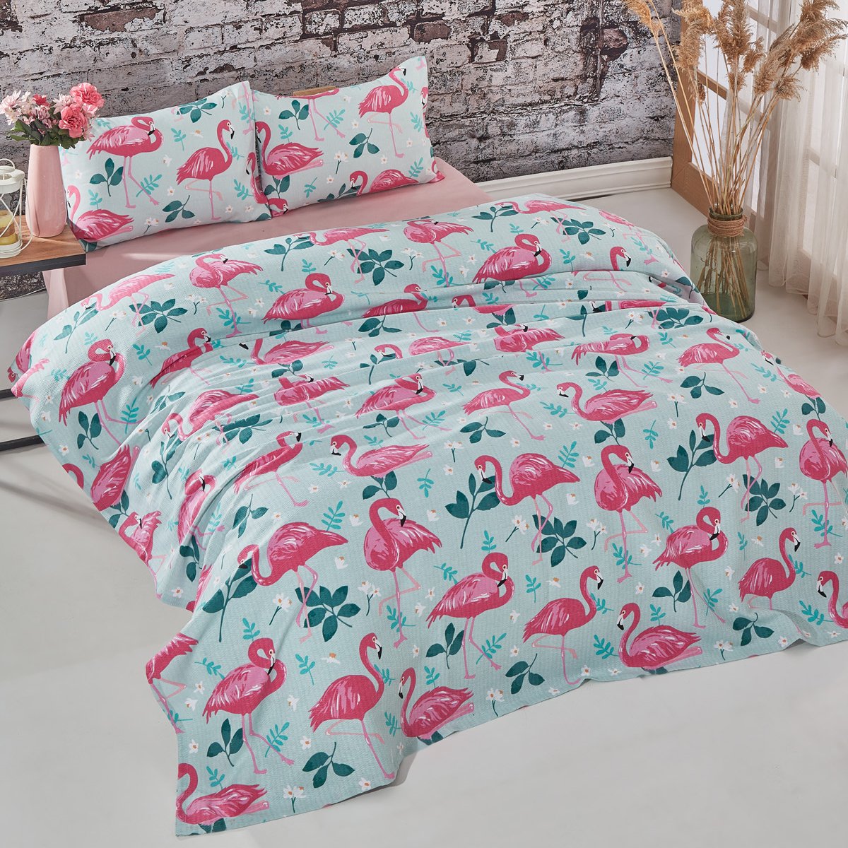 Flamingo Desenli Tek Kişilik Pike Takımı Mavi