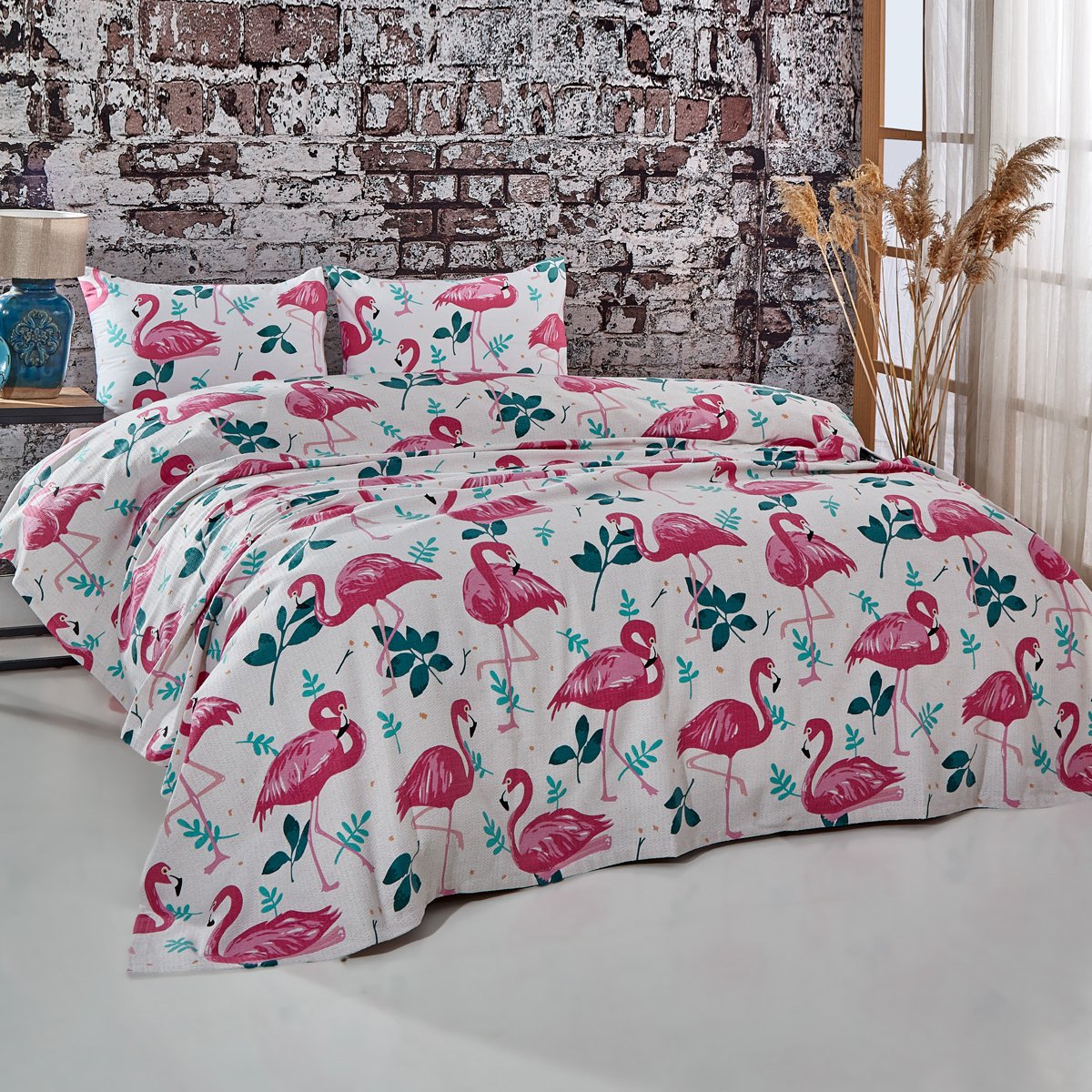 Flamingo Desenli Tek Kişilik Pike Takımı Beyaz