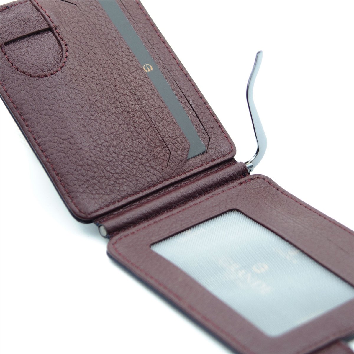 Grande  Hakiki Deri Çift Taraflı Çift Renkli Kağıt Para Koyma Aparatlı 1 Adet Kartlık Cüzdan - Laci/Mürdüm